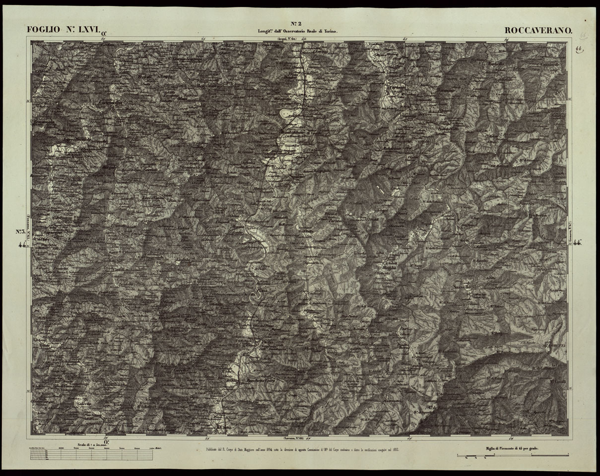 (N:24199) CARTA TOPOGRAFICA DEGLI STATI IN TERRAFERMA DI S.M. IL RE DI SARDEGNA ALLA SCALA DI 1A 50.000 OPERA DEL CORPO REALE DELLO STATO MAGGIORE RIVEDUTI E CORRETTI - FOGLIO N. LXVI  ROCCAVERANO (CA003709) Carte e stampe antiche: riproduzione a colori su carta (formato A1)