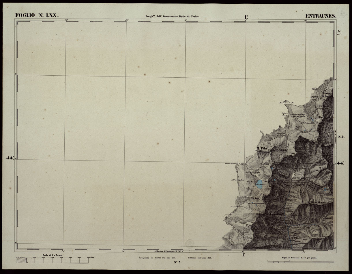 (N:24212) CARTA TOPOGRAFICA DEGLI STATI IN TERRAFERMA DI S.M. IL RE DI SARDEGNA ALLA SCALA DI 1A 50.000 OPERA DEL CORPO REALE DELLO STATO MAGGIORE RIVEDUTI E CORRETTI - FOGLIO N. LXX  ENTRAUNES (CA003714) Carte e stampe antiche: riproduzione a colori su carta (formato A1)