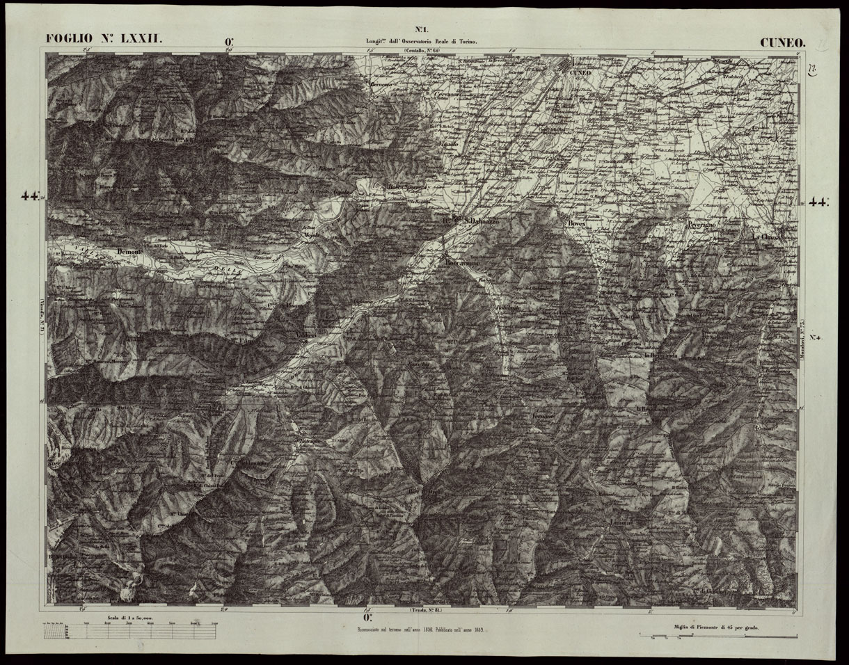 (N:24213) CARTA TOPOGRAFICA DEGLI STATI IN TERRAFERMA DI S.M. IL RE DI SARDEGNA ALLA SCALA DI 1A 50.000 OPERA DEL CORPO REALE DELLO STATO MAGGIORE RIVEDUTI E CORRETTI - FOGLIO N. LXXII CUNEO (CA003715) Carte e stampe antiche: riproduzione a colori su carta (formato A1)