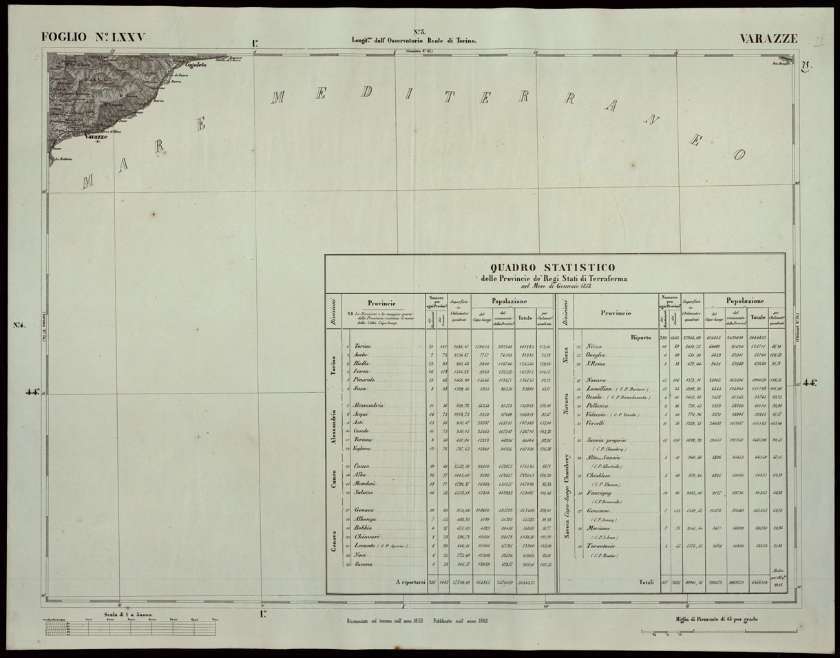 (N:24214) CARTA TOPOGRAFICA DEGLI STATI IN TERRAFERMA DI S.M. IL RE DI SARDEGNA ALLA SCALA DI 1A 50.000 OPERA DEL CORPO REALE DELLO STATO MAGGIORE RIVEDUTI E CORRETTI - FOGLIO N. LXXV  VARAZZE (CA003716) Carte e stampe antiche: riproduzione a colori su carta (formato A1)