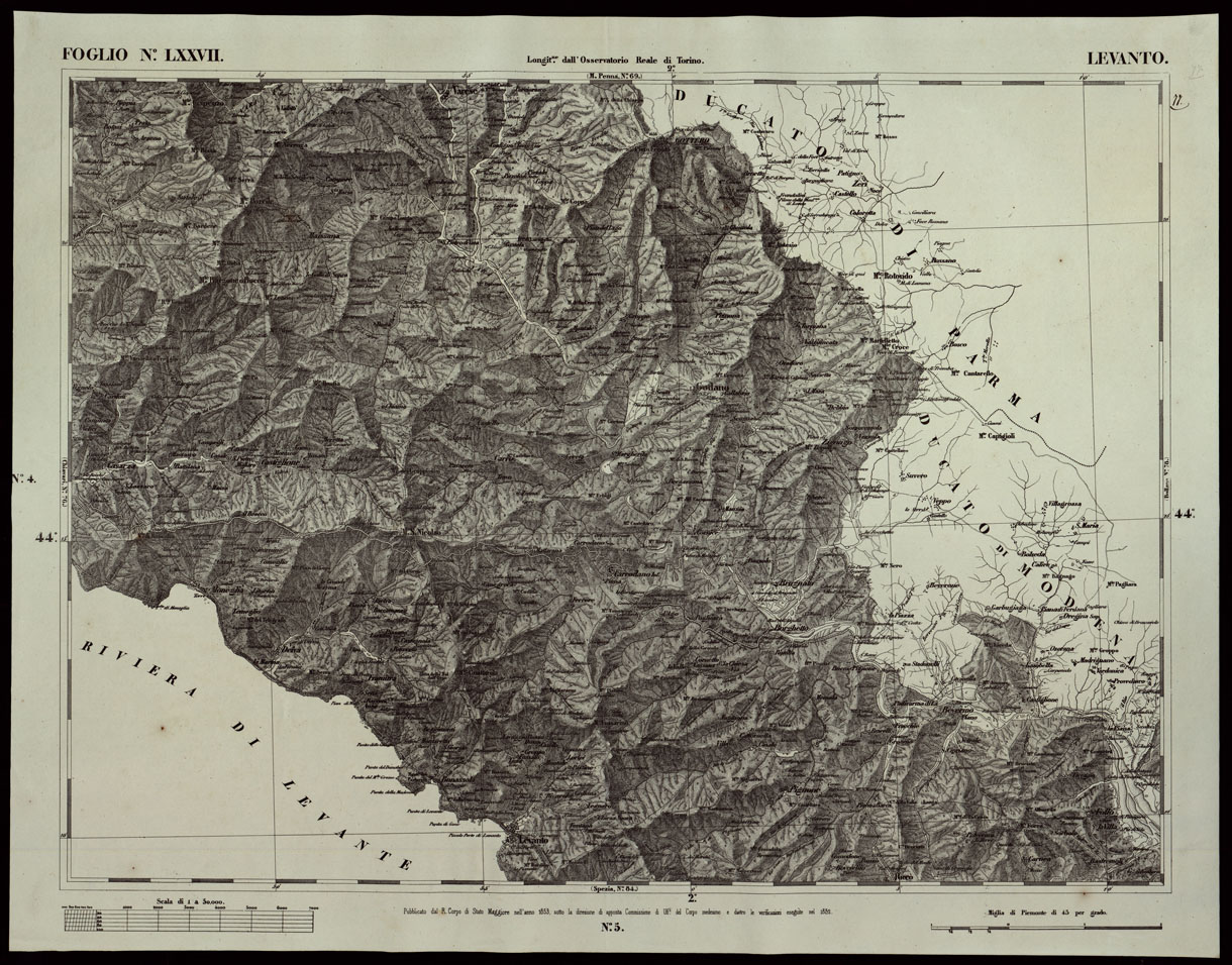 (N:24216) CARTA TOPOGRAFICA DEGLI STATI IN TERRAFERMA DI S.M. IL RE DI SARDEGNA ALLA SCALA DI 1A 50.000 OPERA DEL CORPO REALE DELLO STATO MAGGIORE RIVEDUTI E CORRETTI - FOGLIO N. LXXVII  LEVANTO (CA003718) Carte e stampe antiche: riproduzione a colori su carta (formato A1)