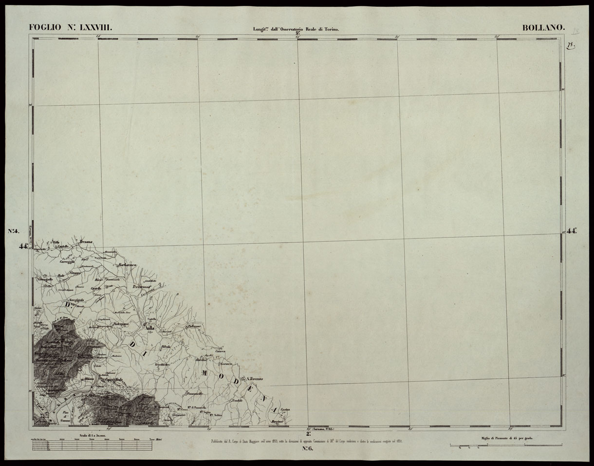 (N:24217) CARTA TOPOGRAFICA DEGLI STATI IN TERRAFERMA DI S.M. IL RE DI SARDEGNA ALLA SCALA DI 1A 50.000 OPERA DEL CORPO REALE DELLO STATO MAGGIORE RIVEDUTI E CORRETTI - FOGLIO N. LXXVIII BOLLANO (CA003719) Carte e stampe antiche: riproduzione a colori su carta (formato A1)