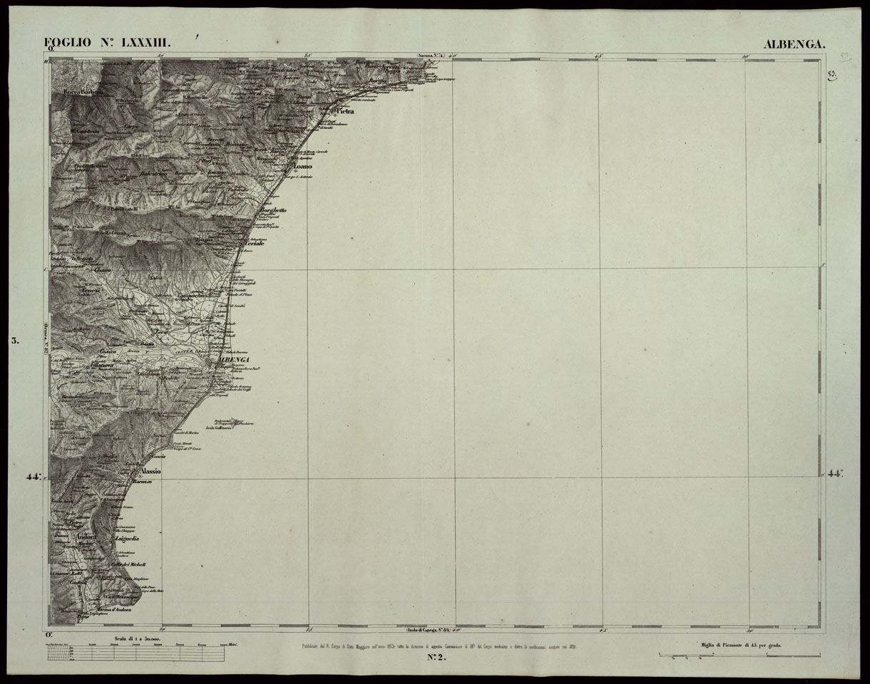 (N:24218) CARTA TOPOGRAFICA DEGLI STATI IN TERRAFERMA DI S.M. IL RE DI SARDEGNA ALLA SCALA DI 1A 50.000 OPERA DEL CORPO REALE DELLO STATO MAGGIORE RIVEDUTI E CORRETTI - FOGLIO N. LXXXIII ALBENGA (CA003720) Carte e stampe antiche: riproduzione a colori su carta (formato A1)