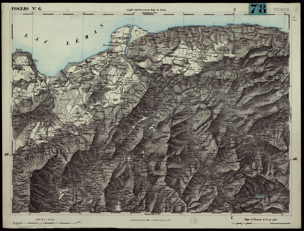 (N:24246) CARTA TOPOGRAFICA DEGLI STATI IN TERRAFERMA DI S.M. IL RE DI SARDEGNA ALLA SCALA DI 1.A 50.000. OPERA DEL CORPO REALE DELLO STATO MAGGIORE - FOGLIO N.6. THONON (CA003730) Carte e stampe antiche: riproduzione a colori su carta (formato A1)