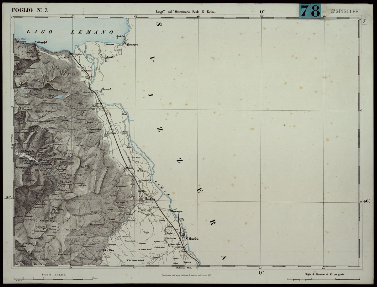 (N:24247) CARTA TOPOGRAFICA DEGLI STATI IN TERRAFERMA DI S.M. IL RE DI SARDEGNA ALLA SCALA DI 1.A 50.000. OPERA DEL CORPO REALE DELLO STATO MAGGIORE - FOGLIO N.7. SANT GINGOLPH (CA003731) Carte e stampe antiche: riproduzione a colori su carta (formato A1)