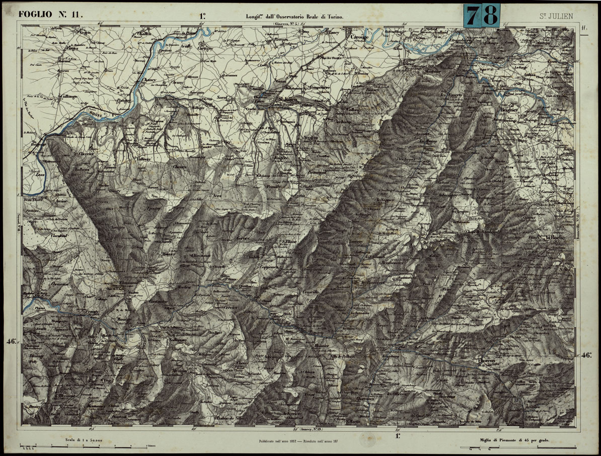 (N:24251) CARTA TOPOGRAFICA DEGLI STATI IN TERRAFERMA DI S.M. IL RE DI SARDEGNA ALLA SCALA DI 1.A 50.000. OPERA DEL CORPO REALE DELLO STATO MAGGIORE - FOGLIO N.11. SANT JULIEN (CA003738) Carte e stampe antiche: riproduzione a colori su carta (formato A1)