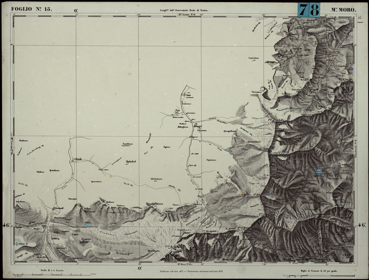 (N:24255) CARTA TOPOGRAFICA DEGLI STATI IN TERRAFERMA DI S.M. IL RE DI SARDEGNA ALLA SCALA DI 1.A 50.000. OPERA DEL CORPO REALE DELLO STATO MAGGIORE - FOGLIO N.15. MONTE MORO + DOCUMENTO DI AGGIORNAMENTO (CA003743, CA003744) Carte e stampe antiche: riproduzione a colori su carta (formato A1)