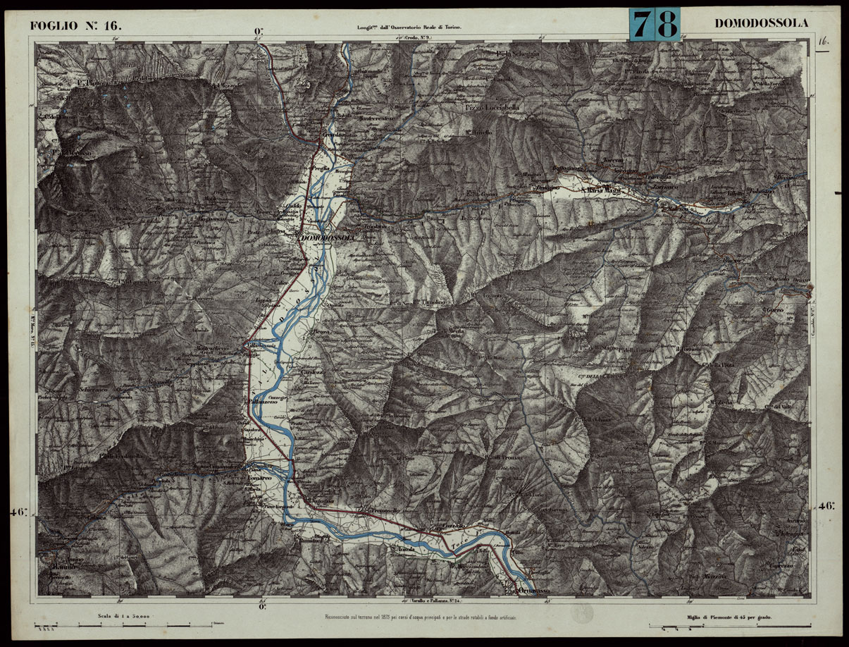 (N:24256) CARTA TOPOGRAFICA DEGLI STATI IN TERRAFERMA DI S.M. IL RE DI SARDEGNA ALLA SCALA DI 1.A 50.000. OPERA DEL CORPO REALE DELLO STATO MAGGIORE - FOGLIO N.16. DOMODOSSOLA + DOCUEMNTO DI AGGIORNAMENTO PARTE OCCIDENTALE E ORIENTALE (CA003745, CA003746, CA003747) Carte e stampe antiche: riproduzione a colori su carta (formato A1)
