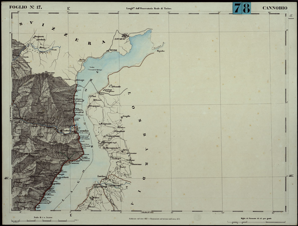 (N:24257) CARTA TOPOGRAFICA DEGLI STATI IN TERRAFERMA DI S.M. IL RE DI SARDEGNA ALLA SCALA DI 1.A 50.000. OPERA DEL CORPO REALE DELLO STATO MAGGIORE - FOGLIO N.17. CANNOBIO + DOCEMENTO DI AGGIORNAMENTO (CA003748, CA003749) Carte e stampe antiche: riproduzione a colori su carta (formato A1)