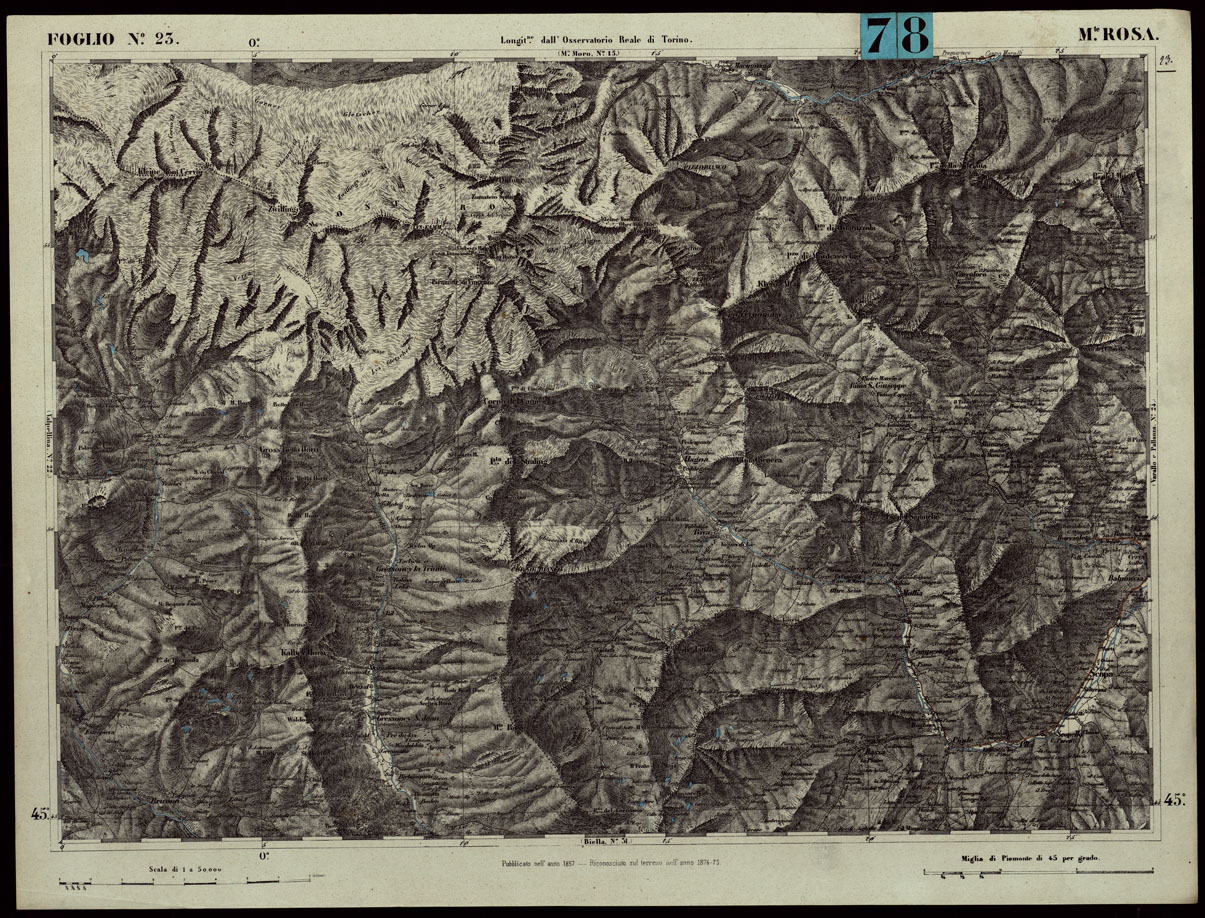 (N:24262) CARTA TOPOGRAFICA DEGLI STATI IN TERRAFERMA DI S.M. IL RE DI SARDEGNA ALLA SCALA DI 1.A 50.000. OPERA DEL CORPO REALE DELLO STATO MAGGIORE - FOGLIO N.23. MONTE ROSA + DOCUMENTO DI AGGIORNAMENTO PARTE OCCIDENTALE E ORIENTALE (CA003754, CA003755, CA003756) Carte e stampe antiche: riproduzione a colori su carta (formato A1)
