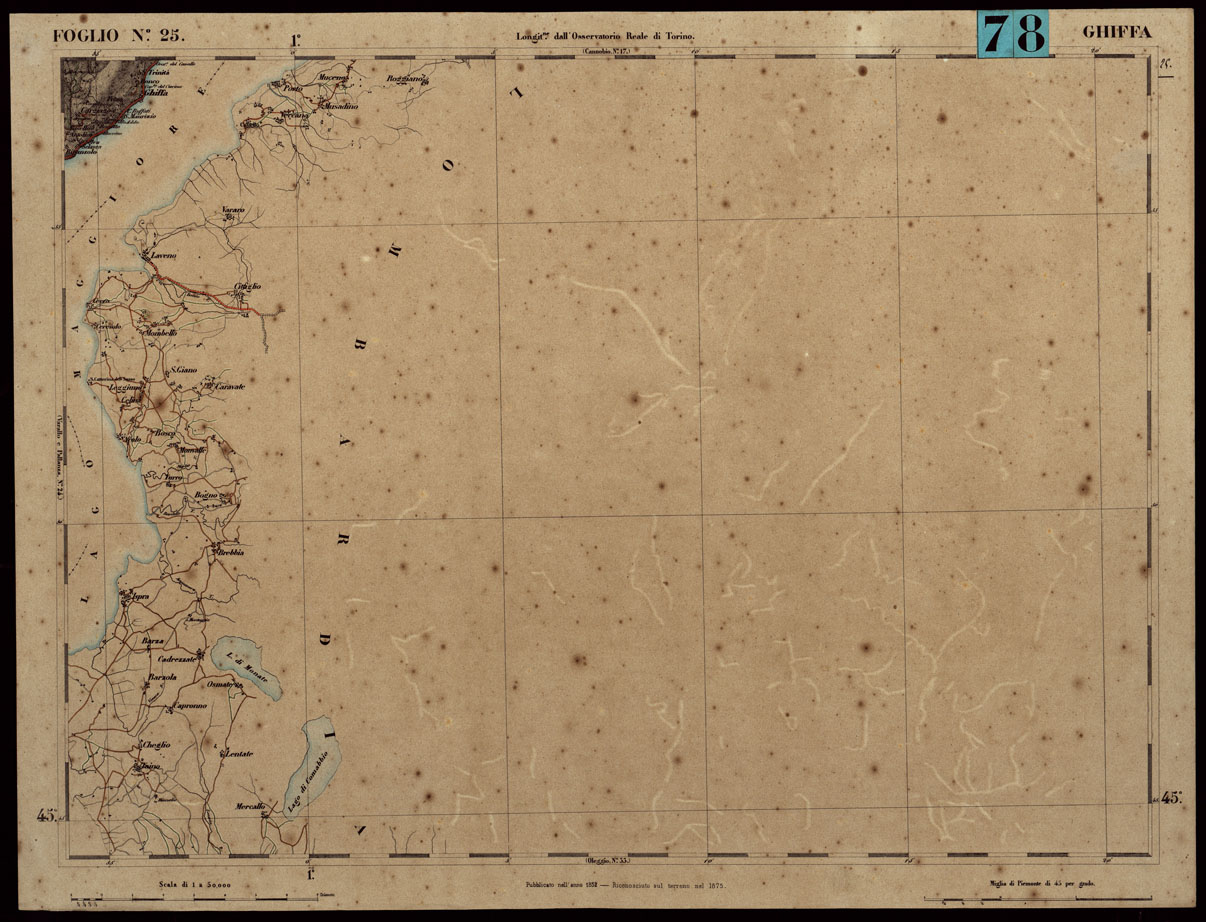 (N:24264) CARTA TOPOGRAFICA DEGLI STATI IN TERRAFERMA DI S.M. IL RE DI SARDEGNA ALLA SCALA DI 1.A 50.000. OPERA DEL CORPO REALE DELLO STATO MAGGIORE - FOGLIO N.25. GHIFFA + DOCUMENTO DI AGGIORNAMENTO (CA003760, CA003761) Carte e stampe antiche: riproduzione a colori su carta (formato A1)