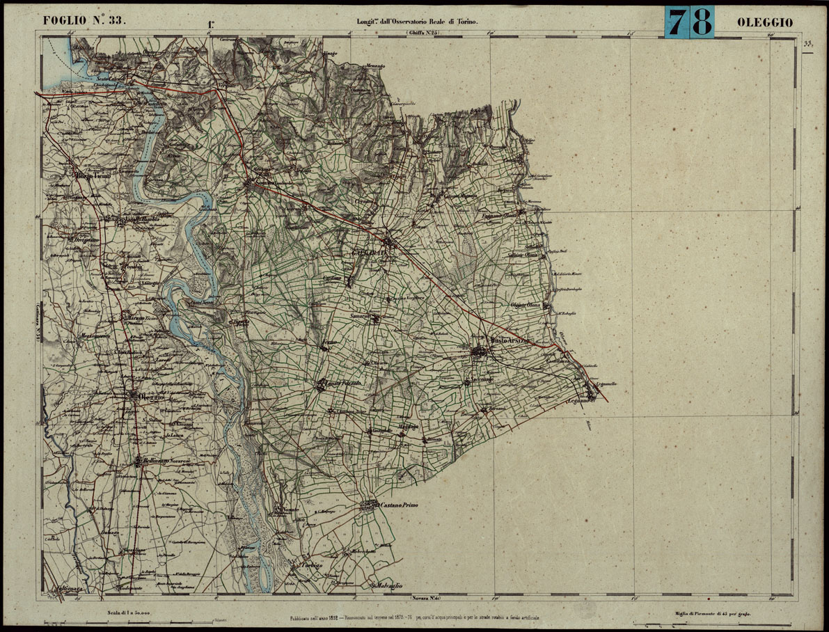 (N:24272) CARTA TOPOGRAFICA DEGLI STATI IN TERRAFERMA DI S.M. IL RE DI SARDEGNA ALLA SCALA DI 1.A 50.000. OPERA DEL CORPO REALE DELLO STATO MAGGIORE - FOGLIO N.33.  OLEGGIO + DOCUMENTO DI AGGIORNAMENTO (CA003772, CA003773) Carte e stampe antiche: riproduzione a colori su carta (formato A1)