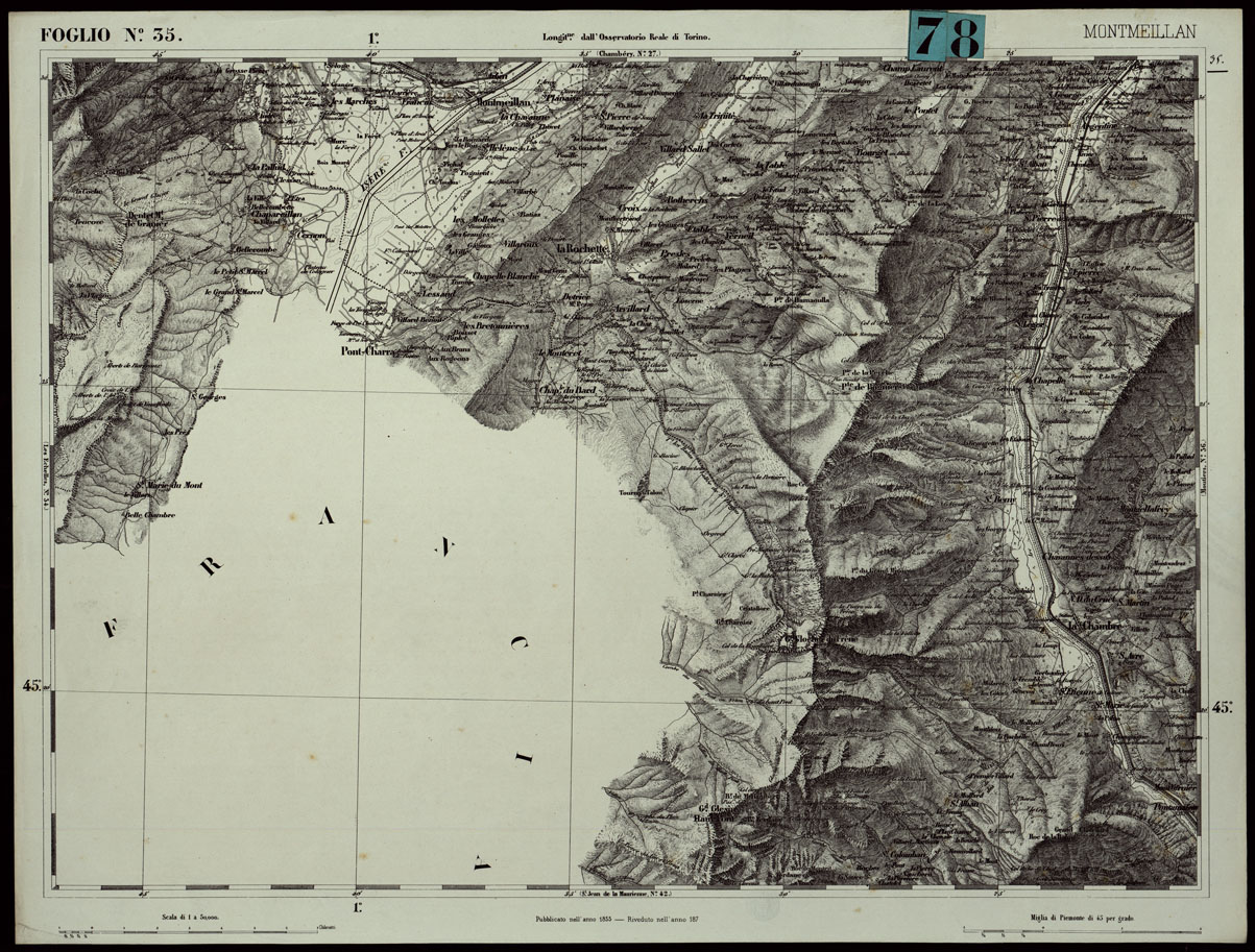 (N:24275) CARTA TOPOGRAFICA DEGLI STATI IN TERRAFERMA DI S.M. IL RE DI SARDEGNA ALLA SCALA DI 1.A 50.000. OPERA DEL CORPO REALE DELLO STATO MAGGIORE - FOGLIO N.35.  MONTMEILLAN (CA003775) Carte e stampe antiche: riproduzione a colori su carta (formato A1)