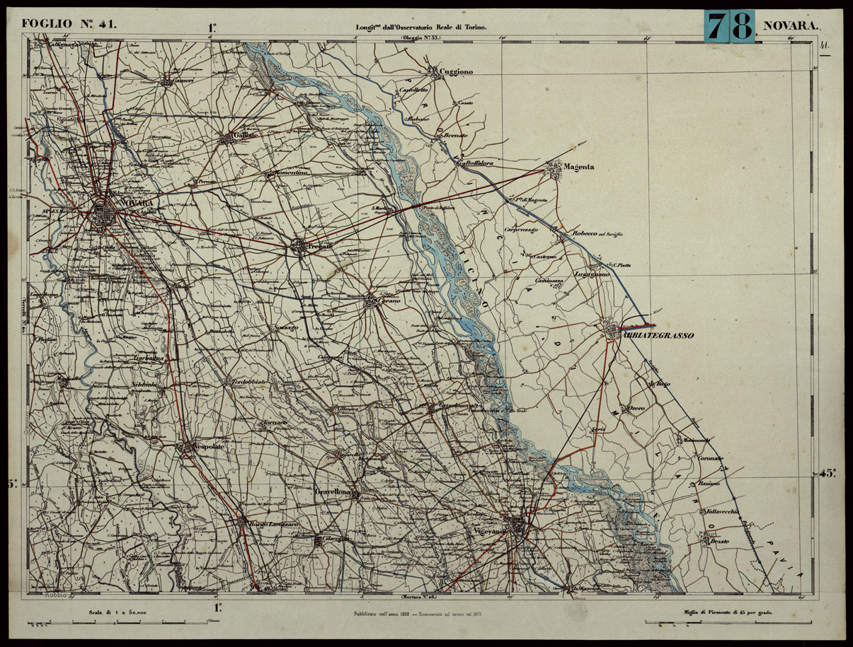 (N:24281) CARTA TOPOGRAFICA DEGLI STATI IN TERRAFERMA DI S.M. IL RE DI SARDEGNA ALLA SCALA DI 1.A 50.000. OPERA DEL CORPO REALE DELLO STATO MAGGIORE - FOGLIO N.41. NOVARA + DOCUMENTO DI AGGIORNAMENTO PARTE OCCIDENTALE E ORIENTALE (CA003784, CA003785, CA003786) Carte e stampe antiche: riproduzione a colori su carta (formato A1)