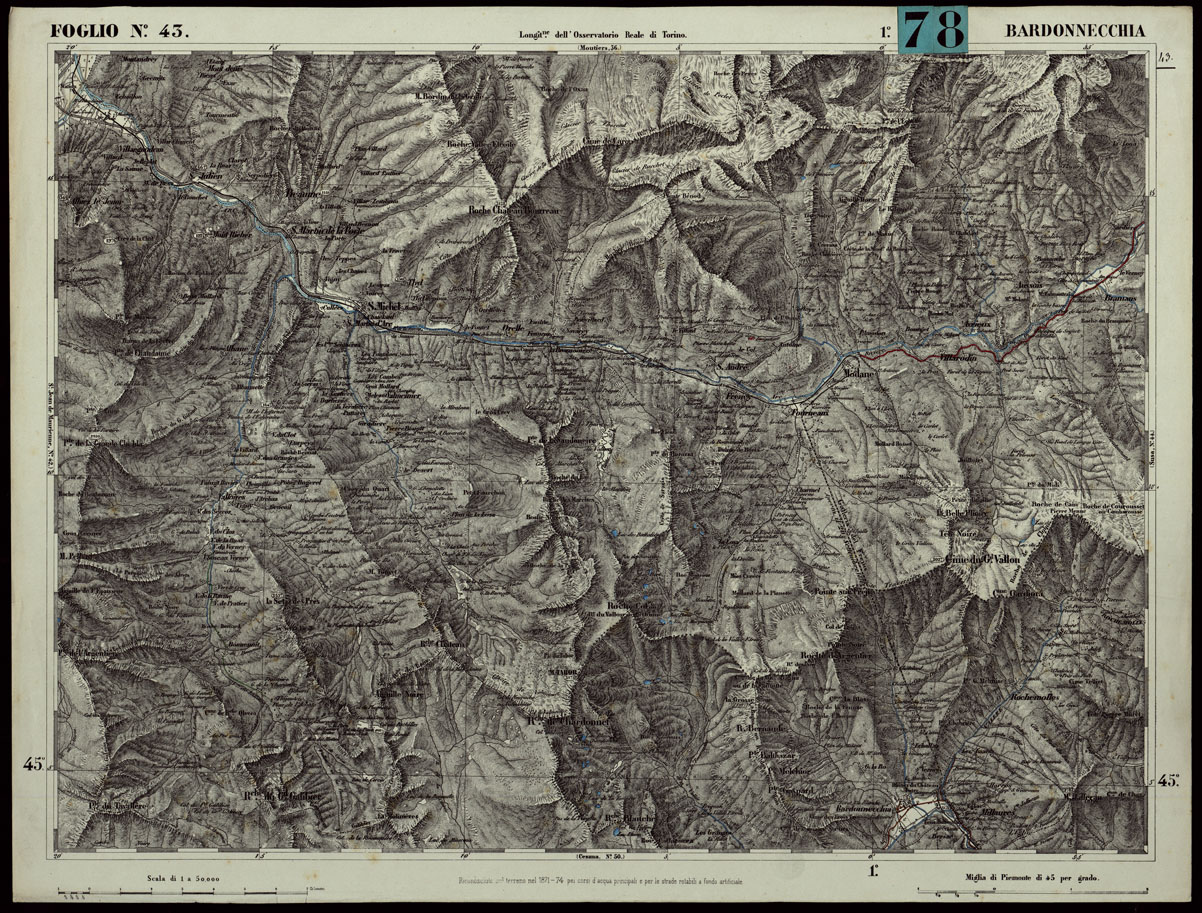 (N:24283) CARTA TOPOGRAFICA DEGLI STATI IN TERRAFERMA DI S.M. IL RE DI SARDEGNA ALLA SCALA DI 1.A 50.000. OPERA DEL CORPO REALE DELLO STATO MAGGIORE - FOGLIO N.43. BARDONECCHIA (CA003788) Carte e stampe antiche: riproduzione a colori su carta (formato A1)