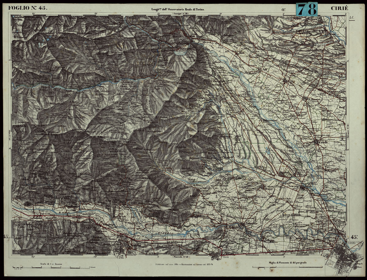 (N:24285) CARTA TOPOGRAFICA DEGLI STATI IN TERRAFERMA DI S.M. IL RE DI SARDEGNA ALLA SCALA DI 1.A 50.000. OPERA DEL CORPO REALE DELLO STATO MAGGIORE - FOGLIO N.45. CIRIE' (CA003790) Carte e stampe antiche: riproduzione a colori su carta (formato A1)