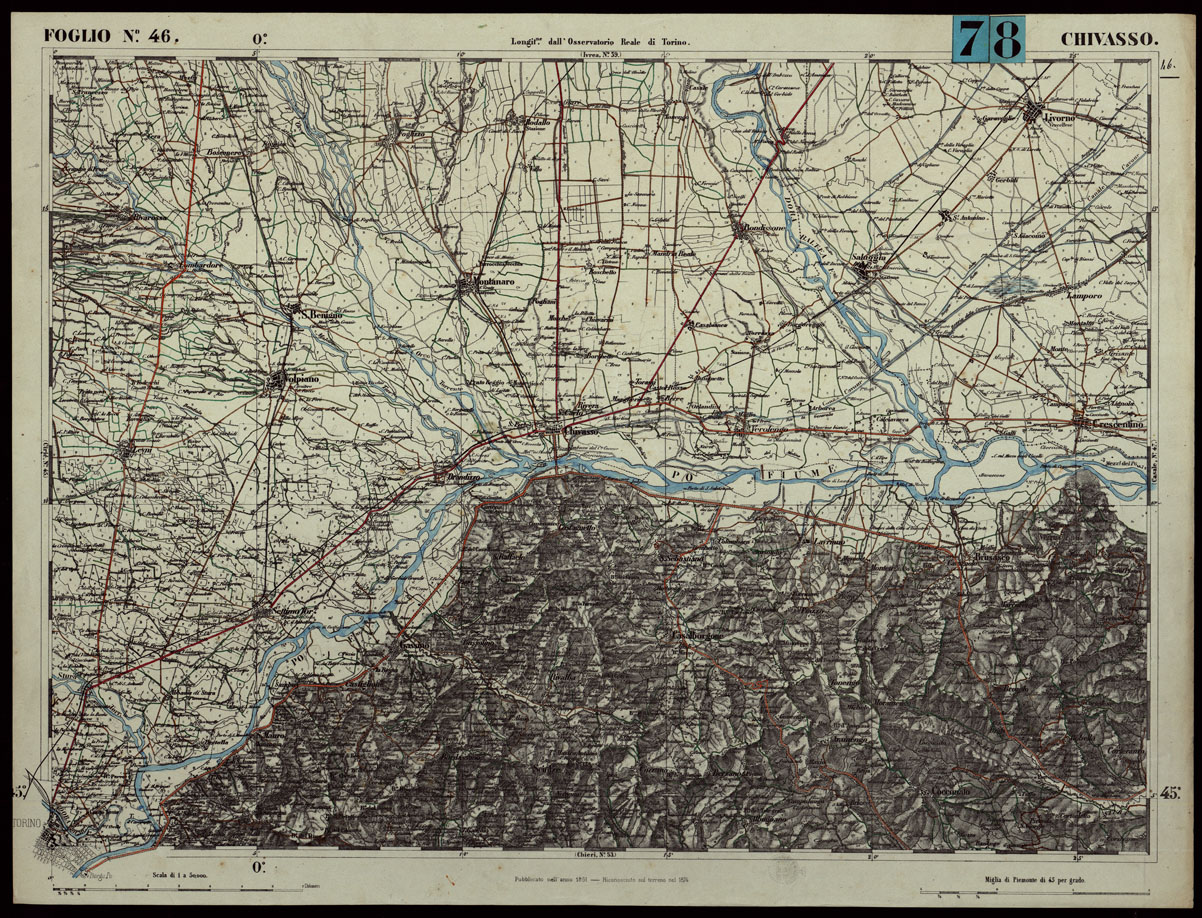 (N:24286) CARTA TOPOGRAFICA DEGLI STATI IN TERRAFERMA DI S.M. IL RE DI SARDEGNA ALLA SCALA DI 1.A 50.000. OPERA DEL CORPO REALE DELLO STATO MAGGIORE - FOGLIO N.46. CHIVASSO (CA003791) Carte e stampe antiche: riproduzione a colori su carta (formato A1)