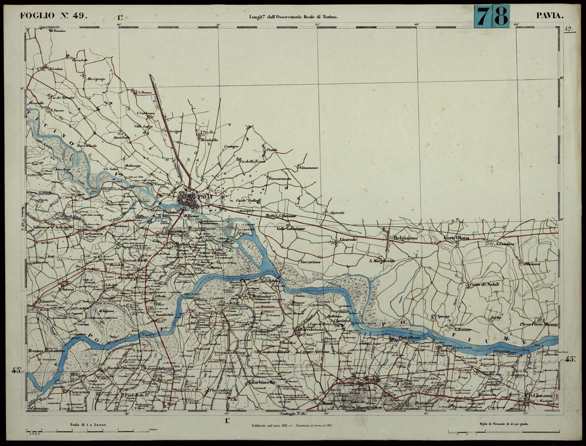 (N:24289) CARTA TOPOGRAFICA DEGLI STATI IN TERRAFERMA DI S.M. IL RE DI SARDEGNA ALLA SCALA DI 1.A 50.000. OPERA DEL CORPO REALE DELLO STATO MAGGIORE - FOGLIO N.49. PAVIA + DOCUMENTO DI AGGIORNAMENTO PARTE OCCIDENTALE E ORIENTALE (CA003798, CA003799, CA003800) Carte e stampe antiche: riproduzione a colori su carta (formato A1)
