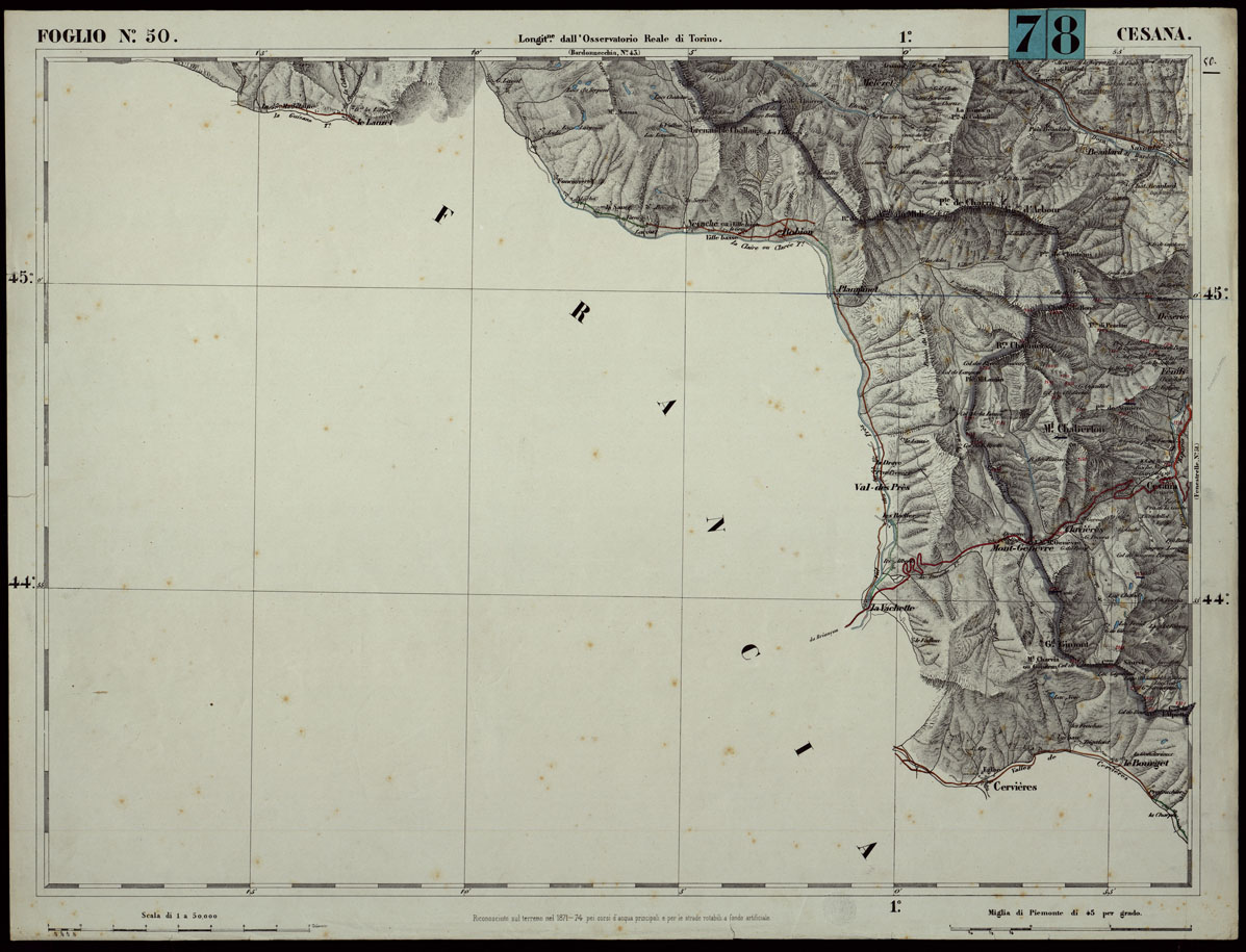(N:24290) CARTA TOPOGRAFICA DEGLI STATI IN TERRAFERMA DI S.M. IL RE DI SARDEGNA ALLA SCALA DI 1.A 50.000. OPERA DEL CORPO REALE DELLO STATO MAGGIORE - FOGLIO N.50.  CESANA (CA003801) Carte e stampe antiche: riproduzione a colori su carta (formato A1)