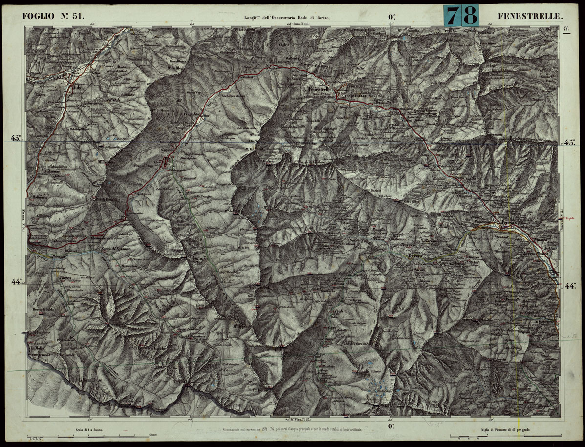 (N:24291) CARTA TOPOGRAFICA DEGLI STATI IN TERRAFERMA DI S.M. IL RE DI SARDEGNA ALLA SCALA DI 1.A 50.000. OPERA DEL CORPO REALE DELLO STATO MAGGIORE - FOGLIO N.51.  FENESTRELLE (CA003802) Carte e stampe antiche: riproduzione a colori su carta (formato A1)