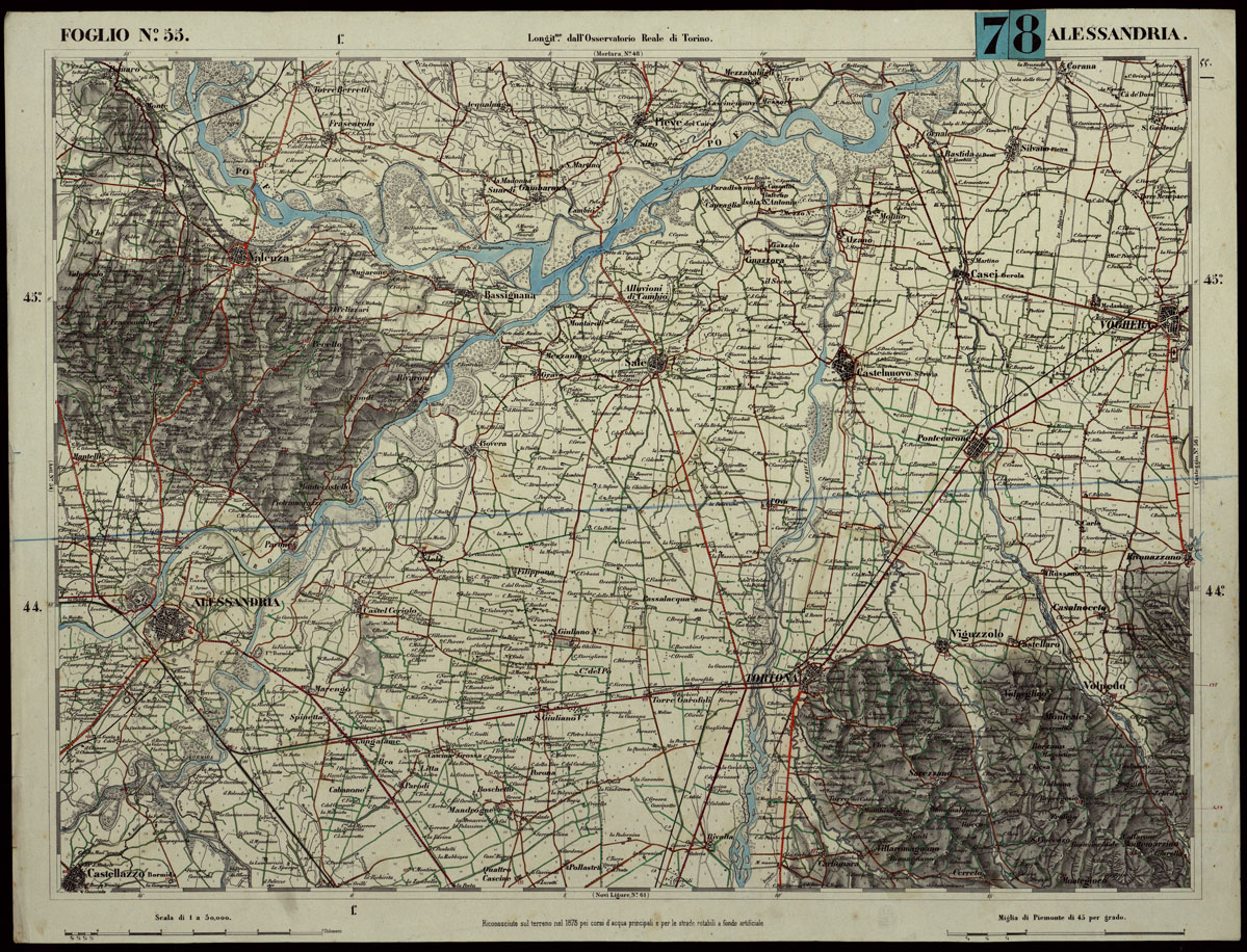 (N:24296) CARTA TOPOGRAFICA DEGLI STATI IN TERRAFERMA DI S.M. IL RE DI SARDEGNA ALLA SCALA DI 1.A 50.000. OPERA DEL CORPO REALE DELLO STATO MAGGIORE - FOGLIO N.55. ALESSANDRIA + DOCUMENTO DI AGGIORNAMENTO PARTE OCCIDENTALE E ORIENTALE (CA003809, CA003808, CA003810) Carte e stampe antiche: riproduzione a colori su carta (formato A1)