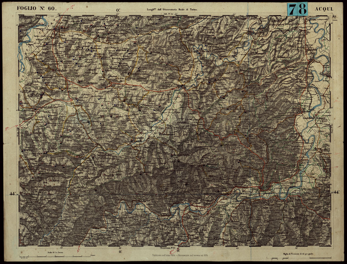 (N:24301) CARTA TOPOGRAFICA DEGLI STATI IN TERRAFERMA DI S.M. IL RE DI SARDEGNA ALLA SCALA DI 1.A 50.000. OPERA DEL CORPO REALE DELLO STATO MAGGIORE - FOGLIO N.60. ACQUI + DOCUMENTO DI AGGIORNAMENTO PARTE OCCIDENTALE E ORIENTALE (CA003817, CA003818, CA003819) Carte e stampe antiche: riproduzione a colori su carta (formato A1)