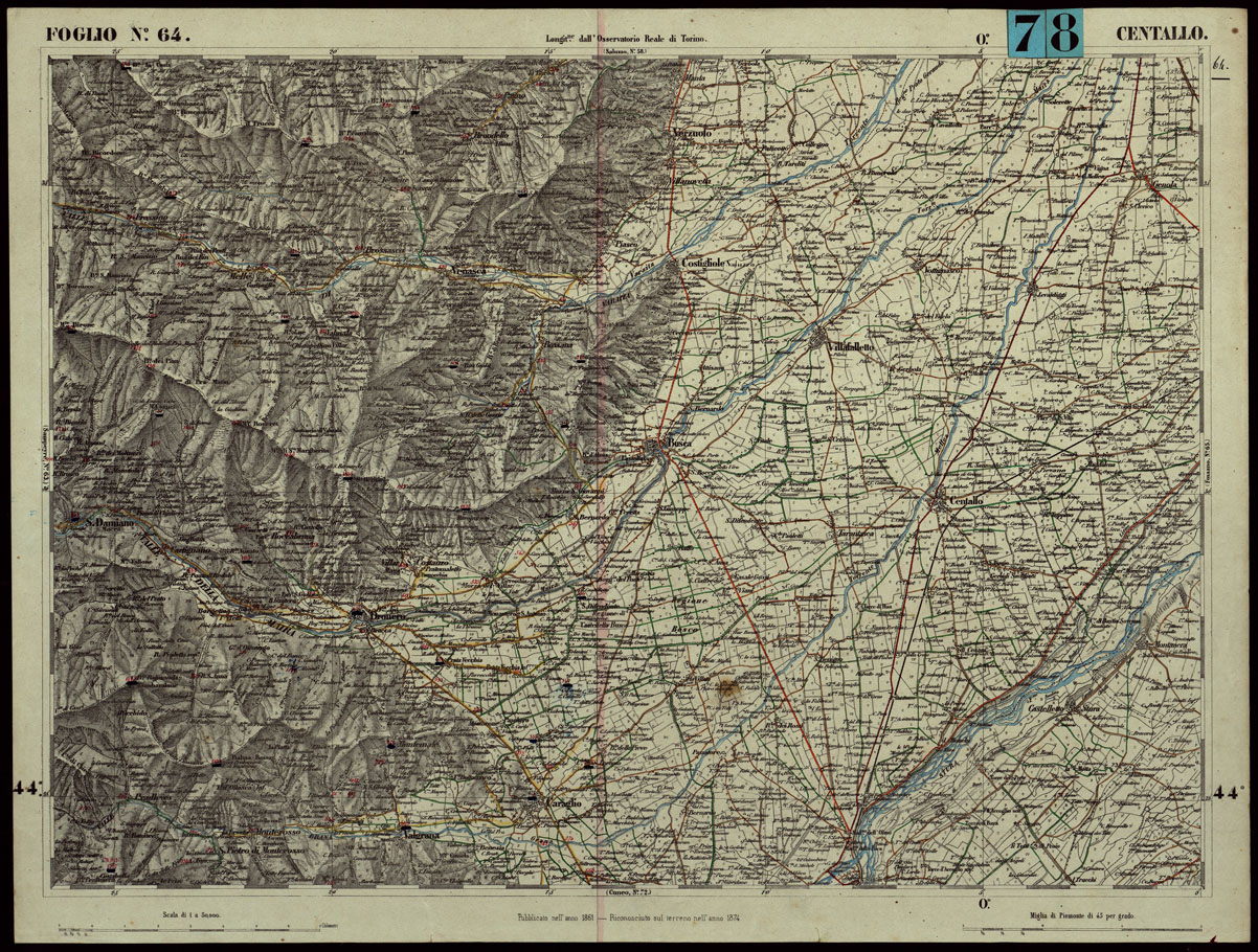 (N:24305) CARTA TOPOGRAFICA DEGLI STATI IN TERRAFERMA DI S.M. IL RE DI SARDEGNA ALLA SCALA DI 1.A 50.000. OPERA DEL CORPO REALE DELLO STATO MAGGIORE - FOGLIO N.64.  CENTALLO (CA003827) Carte e stampe antiche: riproduzione a colori su carta (formato A1)