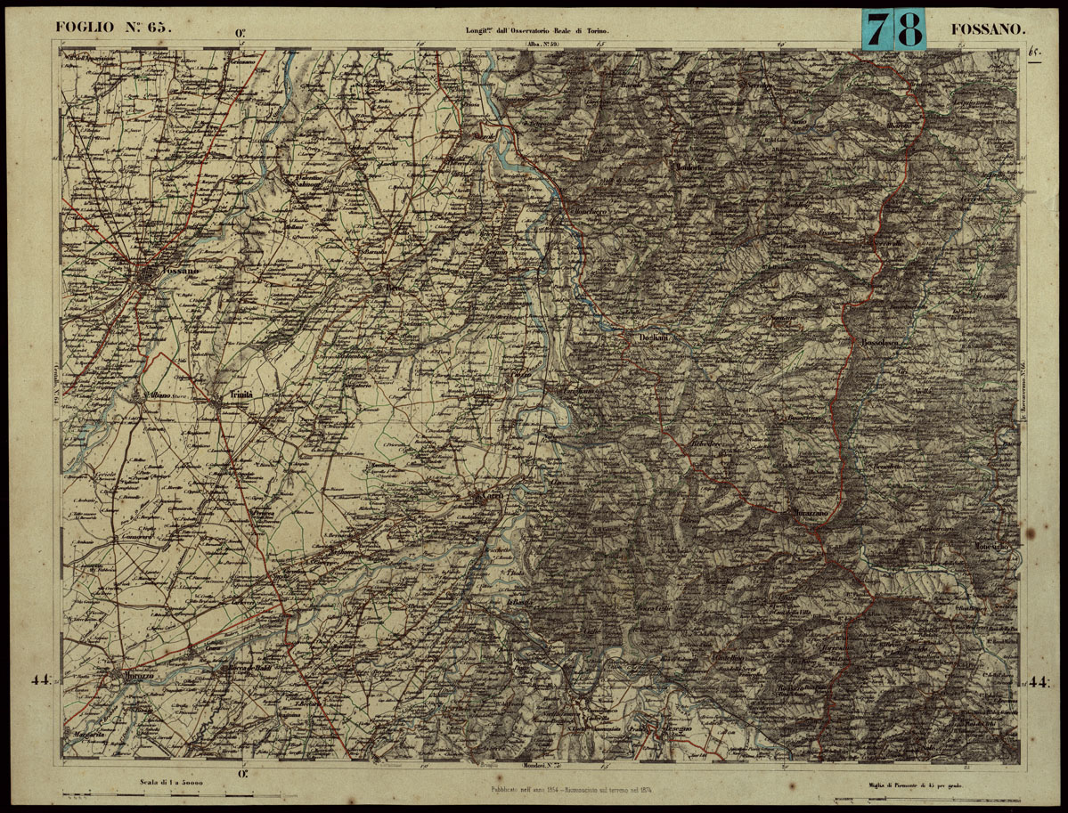 (N:24306) CARTA TOPOGRAFICA DEGLI STATI IN TERRAFERMA DI S.M. IL RE DI SARDEGNA ALLA SCALA DI 1.A 50.000. OPERA DEL CORPO REALE DELLO STATO MAGGIORE - FOGLIO N.65.  FOSSANO (CA003828) Carte e stampe antiche: riproduzione a colori su carta (formato A1)
