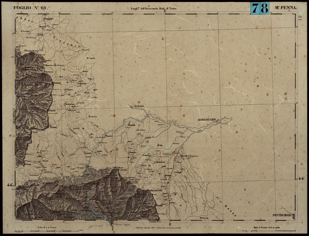 (N:24310) CARTA TOPOGRAFICA DEGLI STATI IN TERRAFERMA DI S.M. IL RE DI SARDEGNA ALLA SCALA DI 1.A 50.000. OPERA DEL CORPO REALE DELLO STATO MAGGIORE - FOGLIO N.69. MONTE PENNA + DOCUMENTO DI AGGIORNAMENTO PARTE OCCIDENTALE E ORIENTALE (CA003838, CA003839, CA003840) Carte e stampe antiche: riproduzione a colori su carta (formato A1)