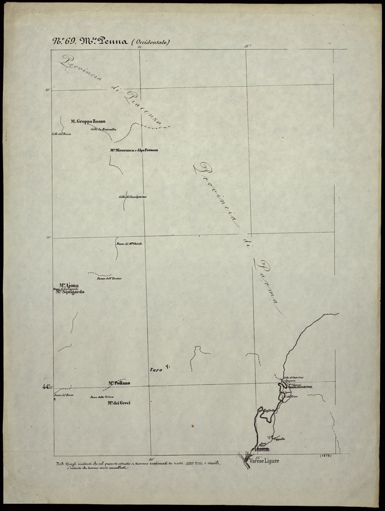 (N:24310) CARTA TOPOGRAFICA DEGLI STATI IN TERRAFERMA DI S.M. IL RE DI SARDEGNA ALLA SCALA DI 1.A 50.000. OPERA DEL CORPO REALE DELLO STATO MAGGIORE - FOGLIO N.69. MONTE PENNA + DOCUMENTO DI AGGIORNAMENTO PARTE OCCIDENTALE E ORIENTALE (CA003838, CA003839, CA003840) Carte e stampe antiche: riproduzione a colori su carta (formato A1)