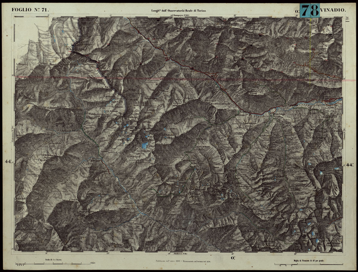 (N:24312) CARTA TOPOGRAFICA DEGLI STATI IN TERRAFERMA DI S.M. IL RE DI SARDEGNA ALLA SCALA DI 1.A 50.000. OPERA DEL CORPO REALE DELLO STATO MAGGIORE - FOGLIO N.71.  VINADIO (CA003842) Carte e stampe antiche: riproduzione a colori su carta (formato A1)