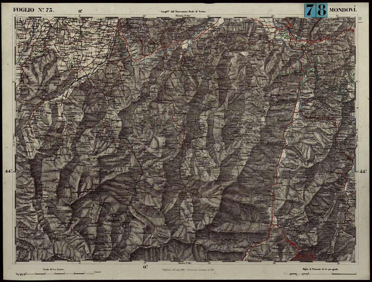 (N:24314) CARTA TOPOGRAFICA DEGLI STATI IN TERRAFERMA DI S.M. IL RE DI SARDEGNA ALLA SCALA DI 1.A 50.000. OPERA DEL CORPO REALE DELLO STATO MAGGIORE - FOGLIO N.73.  MONDOVI' (CA003844) Carte e stampe antiche: riproduzione a colori su carta (formato A1)