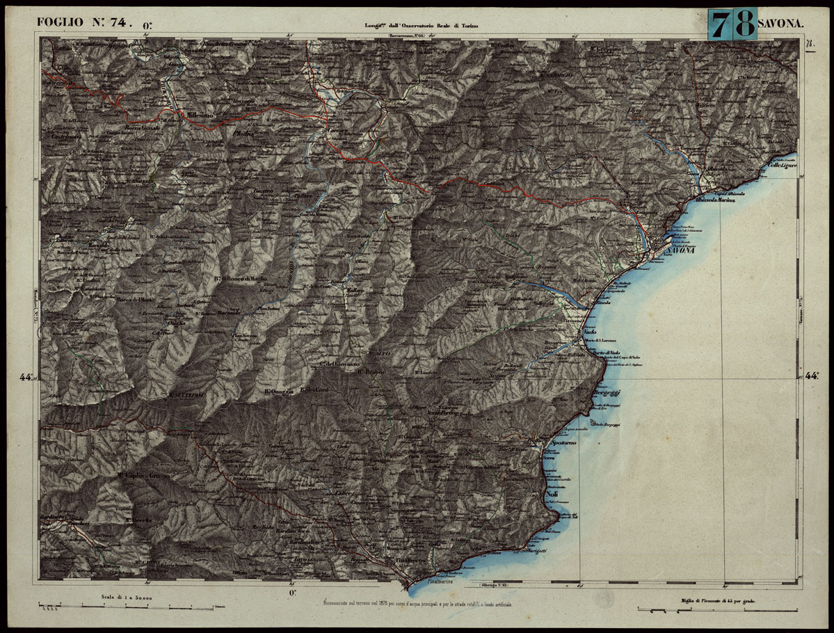 (N:24315) CARTA TOPOGRAFICA DEGLI STATI IN TERRAFERMA DI S.M. IL RE DI SARDEGNA ALLA SCALA DI 1.A 50.000. OPERA DEL CORPO REALE DELLO STATO MAGGIORE - FOGLIO N.74. - SAVONA + DOCUMENTO DI AGGIORNAMENTO PARTE OCCIDENTALE E ORIENTALE (CA003845, CA003846, CA003847) Carte e stampe antiche: riproduzione a colori su carta (formato A1)