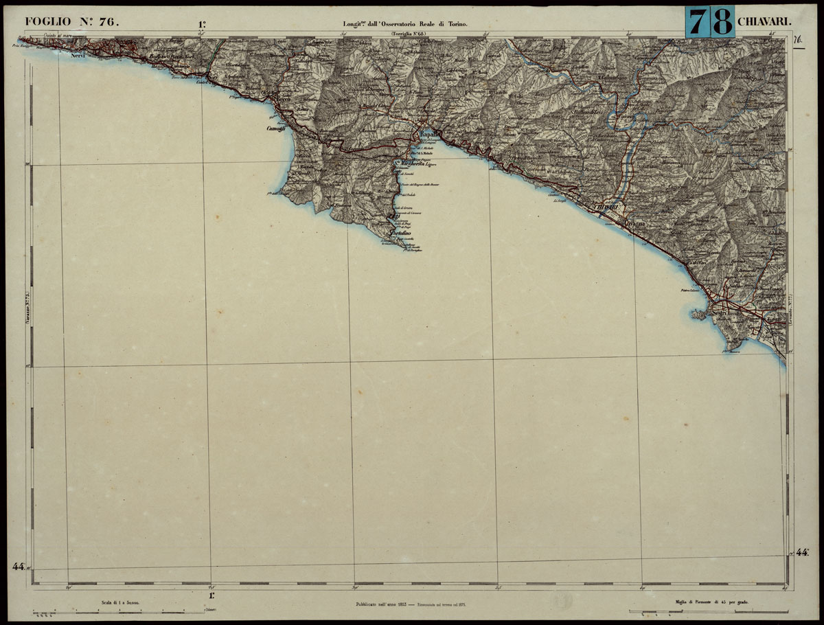 (N:24317) CARTA TOPOGRAFICA DEGLI STATI IN TERRAFERMA DI S.M. IL RE DI SARDEGNA ALLA SCALA DI 1.A 50.000. OPERA DEL CORPO REALE DELLO STATO MAGGIORE - FOGLIO N.76. - CHIAVARI + DOCUMENTO DI AGGIORNAMENTO PARTE OCCIDENTALE E ORIENTALE (CA003850, CA003851, CA003852) Carte e stampe antiche: riproduzione a colori su carta (formato A1)