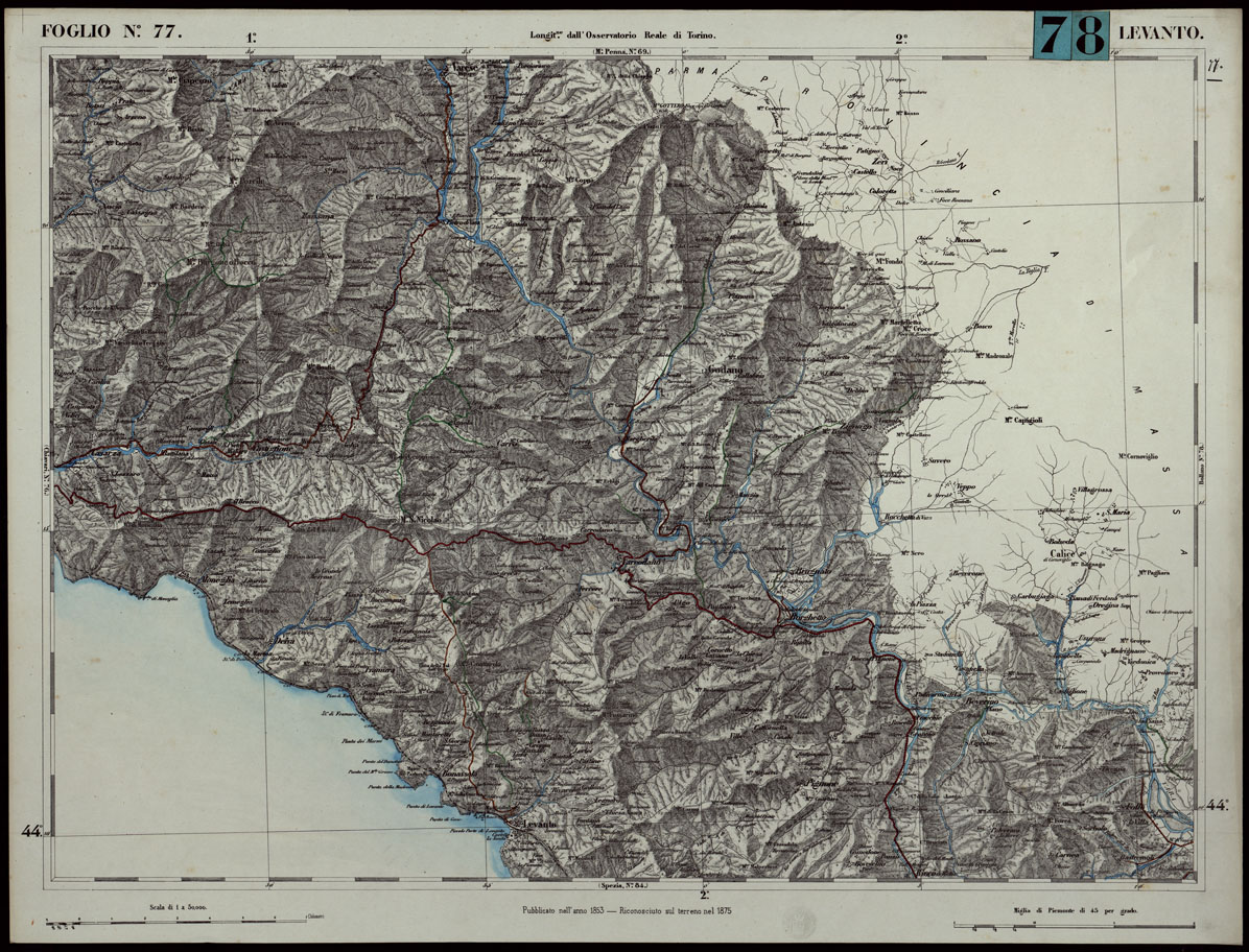 (N:24318) CARTA TOPOGRAFICA DEGLI STATI IN TERRAFERMA DI S.M. IL RE DI SARDEGNA ALLA SCALA DI 1.A 50.000. OPERA DEL CORPO REALE DELLO STATO MAGGIORE - FOGLIO N.77. - LEVANTO + DOCUMENTO DI AGGIORNAMENTO PARTE OCCIDENTALE E ORIENTALE (CA003853, CA003854, CA003855) Carte e stampe antiche: riproduzione a colori su carta (formato A1)