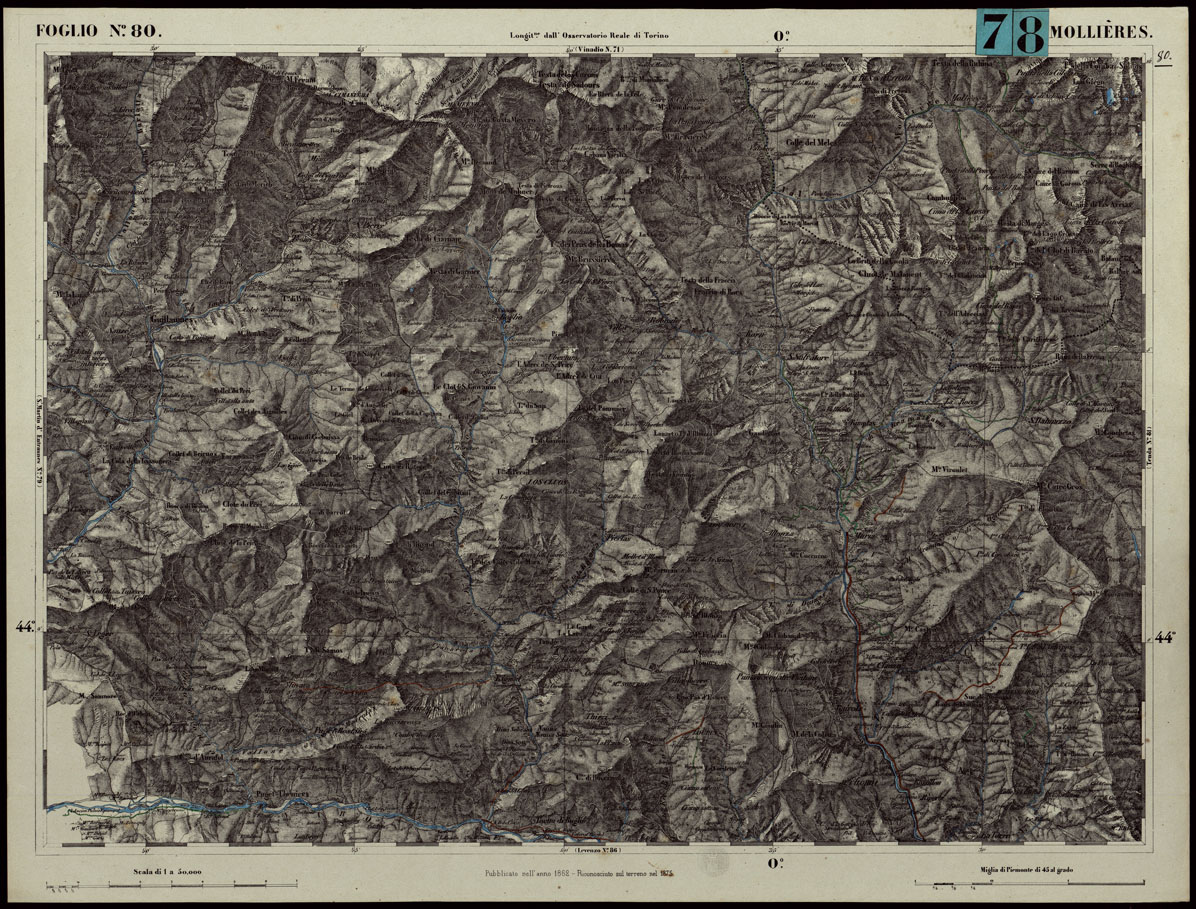 (N:24321) CARTA TOPOGRAFICA DEGLI STATI IN TERRAFERMA DI S.M. IL RE DI SARDEGNA ALLA SCALA DI 1.A 50.000. OPERA DEL CORPO REALE DELLO STATO MAGGIORE - FOGLIO N.80. - MOLLIERES + DOCUMENTO DI AGGIORNAMENTO UNICO (CA003859, CA003860) Carte e stampe antiche: riproduzione a colori su carta (formato A1)