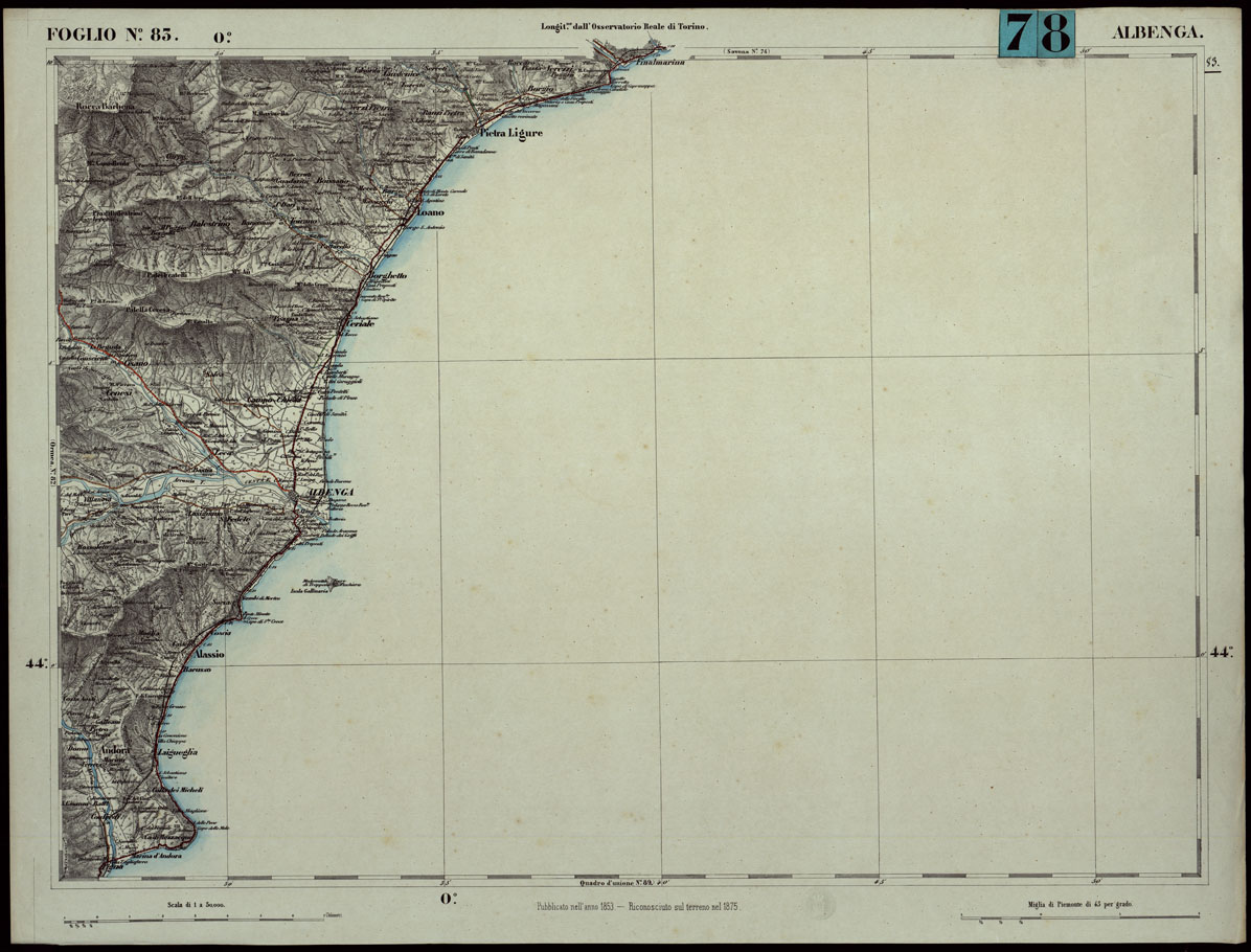 (N:24324) CARTA TOPOGRAFICA DEGLI STATI IN TERRAFERMA DI S.M. IL RE DI SARDEGNA ALLA SCALA DI 1.A 50.000. OPERA DEL CORPO REALE DELLO STATO MAGGIORE - FOGLIO N.83. ALBENGA + DOCUMENTO DI AGGIORNAMENTO UNICO (CA003867, CA003868) Carte e stampe antiche: riproduzione a colori su carta (formato A1)
