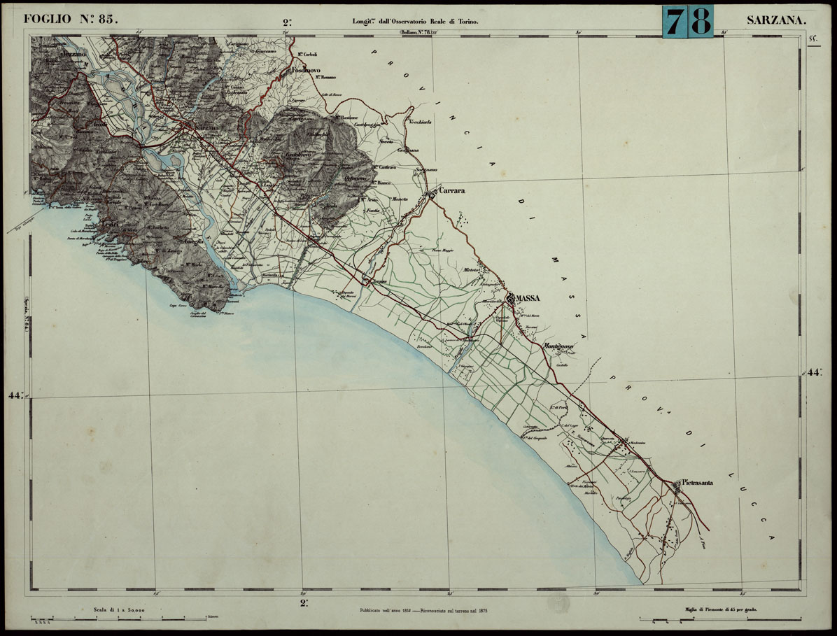 (N:24326) CARTA TOPOGRAFICA DEGLI STATI IN TERRAFERMA DI S.M. IL RE DI SARDEGNA ALLA SCALA DI 1.A 50.000. OPERA DEL CORPO REALE DELLO STATO MAGGIORE - FOGLIO N.85.  SARZANA + DOCUMENTO DI AGGIORNAMENTO UNICO (CA003871, CA003872) Carte e stampe antiche: riproduzione a colori su carta (formato A1)