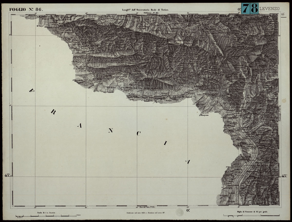 (N:24327) CARTA TOPOGRAFICA DEGLI STATI IN TERRAFERMA DI S.M. IL RE DI SARDEGNA ALLA SCALA DI 1.A 50.000. OPERA DEL CORPO REALE DELLO STATO MAGGIORE - FOGLIO N.86.  LEVENZO (CA003873) Carte e stampe antiche: riproduzione a colori su carta (formato A1)