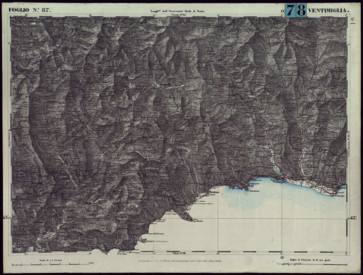 (N:24328) CARTA TOPOGRAFICA DEGLI STATI IN TERRAFERMA DI S.M. IL RE DI SARDEGNA ALLA SCALA DI 1.A 50.000. OPERA DEL CORPO REALE DELLO STATO MAGGIORE - FOGLIO N.87.  VENTIMIGLIA + DOCUMENTO DI AGGIORNAMENTO UNICO (CA003874, CA003875) Carte e stampe antiche: riproduzione a colori su carta (formato A1)