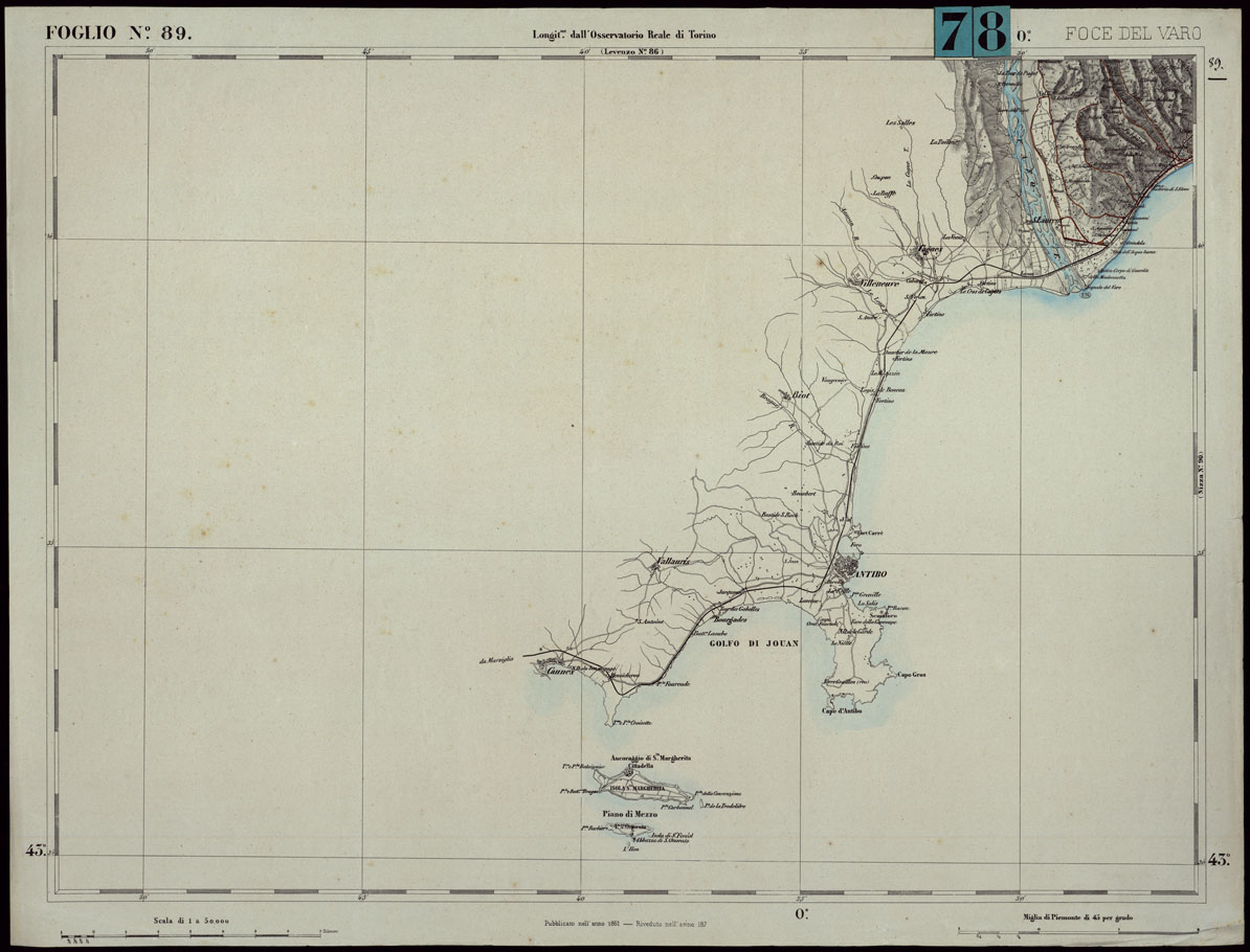 (N:24330) CARTA TOPOGRAFICA DEGLI STATI IN TERRAFERMA DI S.M. IL RE DI SARDEGNA ALLA SCALA DI 1.A 50.000. OPERA DEL CORPO REALE DELLO STATO MAGGIORE - FOGLIO N.89.  FOCE DEL VARO (CA003879) Carte e stampe antiche: riproduzione a colori su carta (formato A1)