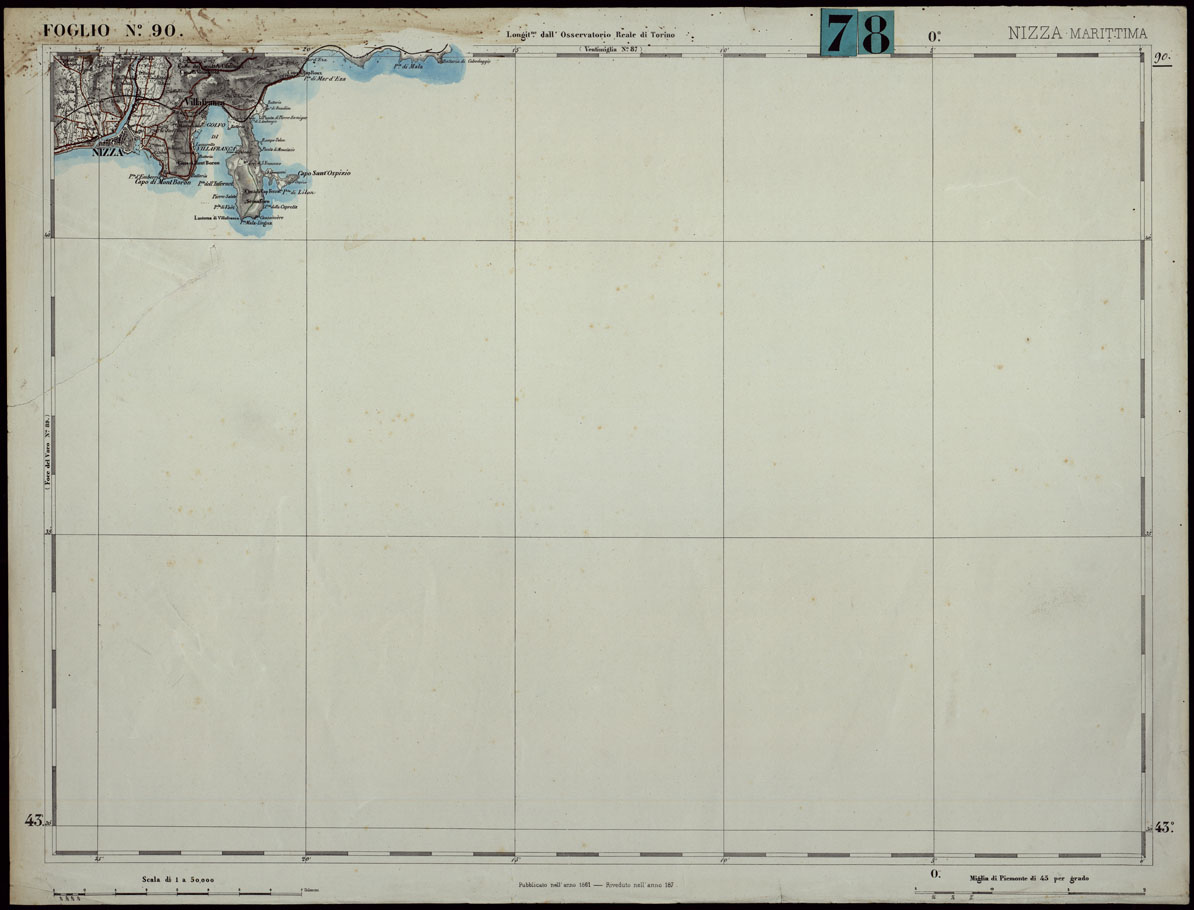 (N:24331) CARTA TOPOGRAFICA DEGLI STATI IN TERRAFERMA DI S.M. IL RE DI SARDEGNA ALLA SCALA DI 1.A 50.000. OPERA DEL CORPO REALE DELLO STATO MAGGIORE - FOGLIO N.90.  NIZZA MARITTIMA (CA003880) Carte e stampe antiche: riproduzione a colori su carta (formato A1)