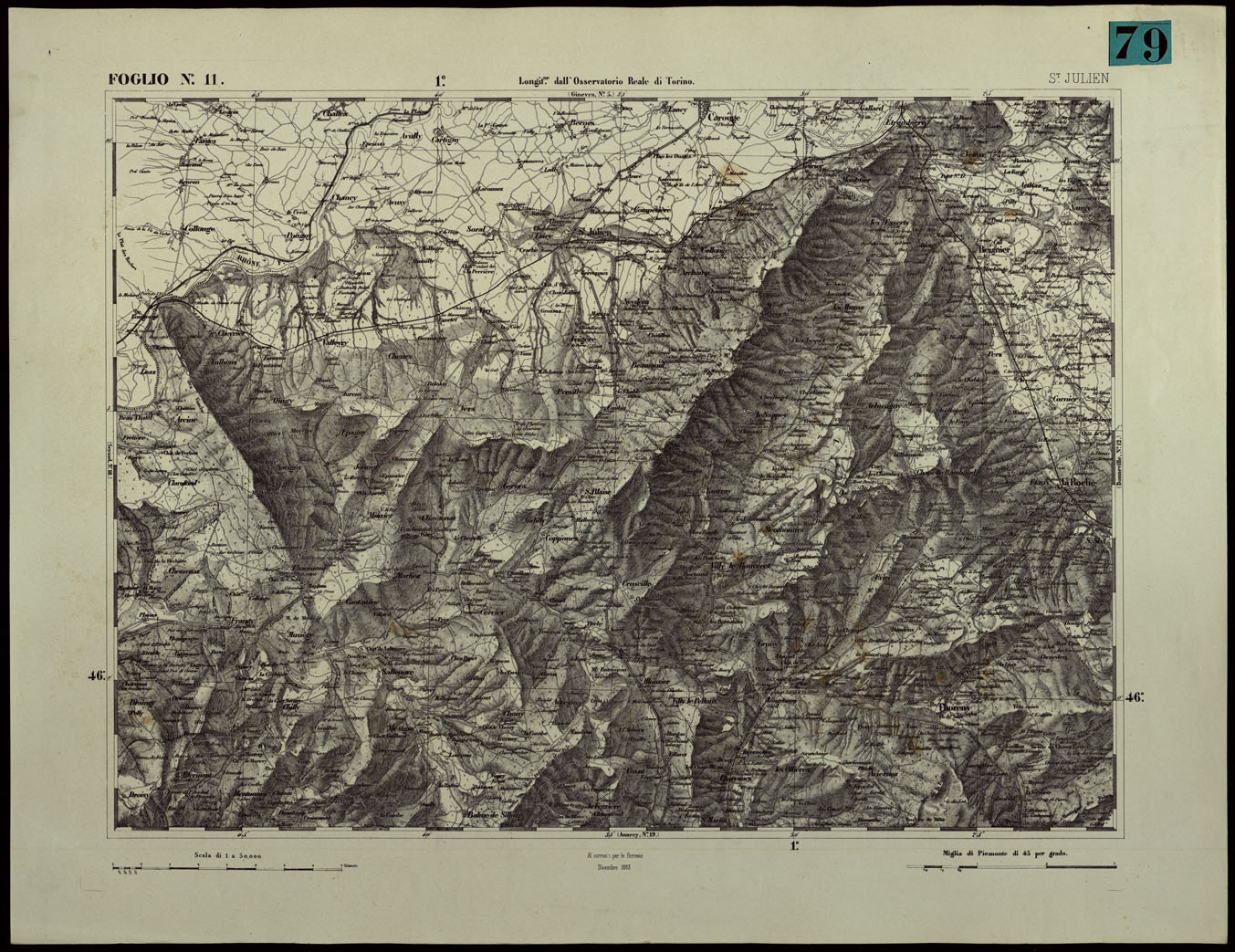 (N:24342) CARTA TOPOGRAFICA DEGLI STATI IN TERRAFERMA DI S.M. IL RE DI SARDEGNA ALLA SCALA DI 1.A 50.000. OPERA DEL CORPO REALE DELLO STATO MAGGIORE - FOGLIO N.11. SANT JULIEN (CA003891) Carte e stampe antiche: riproduzione a colori su carta (formato A1)