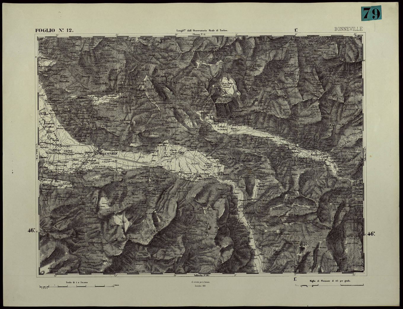 (N:24343) CARTA TOPOGRAFICA DEGLI STATI IN TERRAFERMA DI S.M. IL RE DI SARDEGNA ALLA SCALA DI 1.A 50.000. OPERA DEL CORPO REALE DELLO STATO MAGGIORE - FOGLIO N.12.  BONNEVILLE (CA003892) Carte e stampe antiche: riproduzione a colori su carta (formato A1)