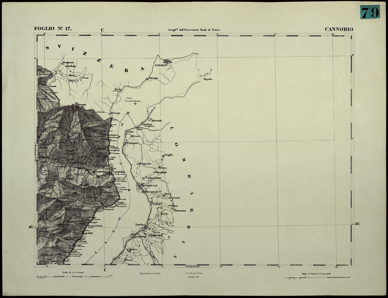 (N:24348) CARTA TOPOGRAFICA DEGLI STATI IN TERRAFERMA DI S.M. IL RE DI SARDEGNA ALLA SCALA DI 1.A 50.000. OPERA DEL CORPO REALE DELLO STATO MAGGIORE - FOGLIO N.17. CANNOBIO (CA003897) Carte e stampe antiche: riproduzione a colori su carta (formato A1)