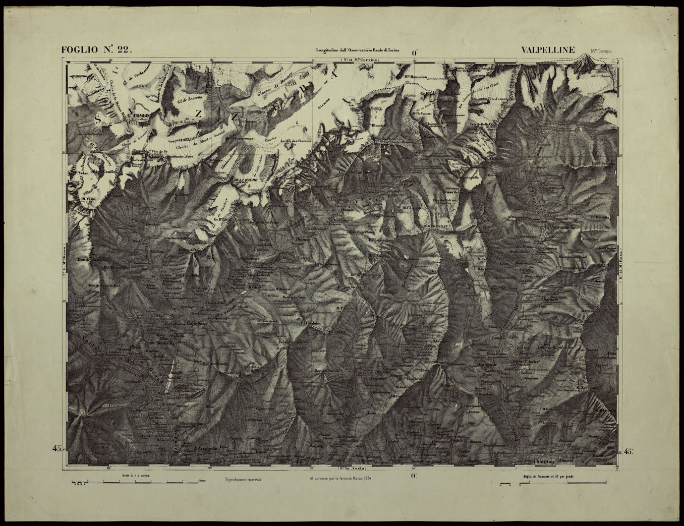 (N:24353) CARTA TOPOGRAFICA DEGLI STATI IN TERRAFERMA DI S.M. IL RE DI SARDEGNA ALLA SCALA DI 1.A 50.000. OPERA DEL CORPO REALE DELLO STATO MAGGIORE - FOGLIO N.22.  VALPELLINE (CA003902) Carte e stampe antiche: riproduzione a colori su carta (formato A1)