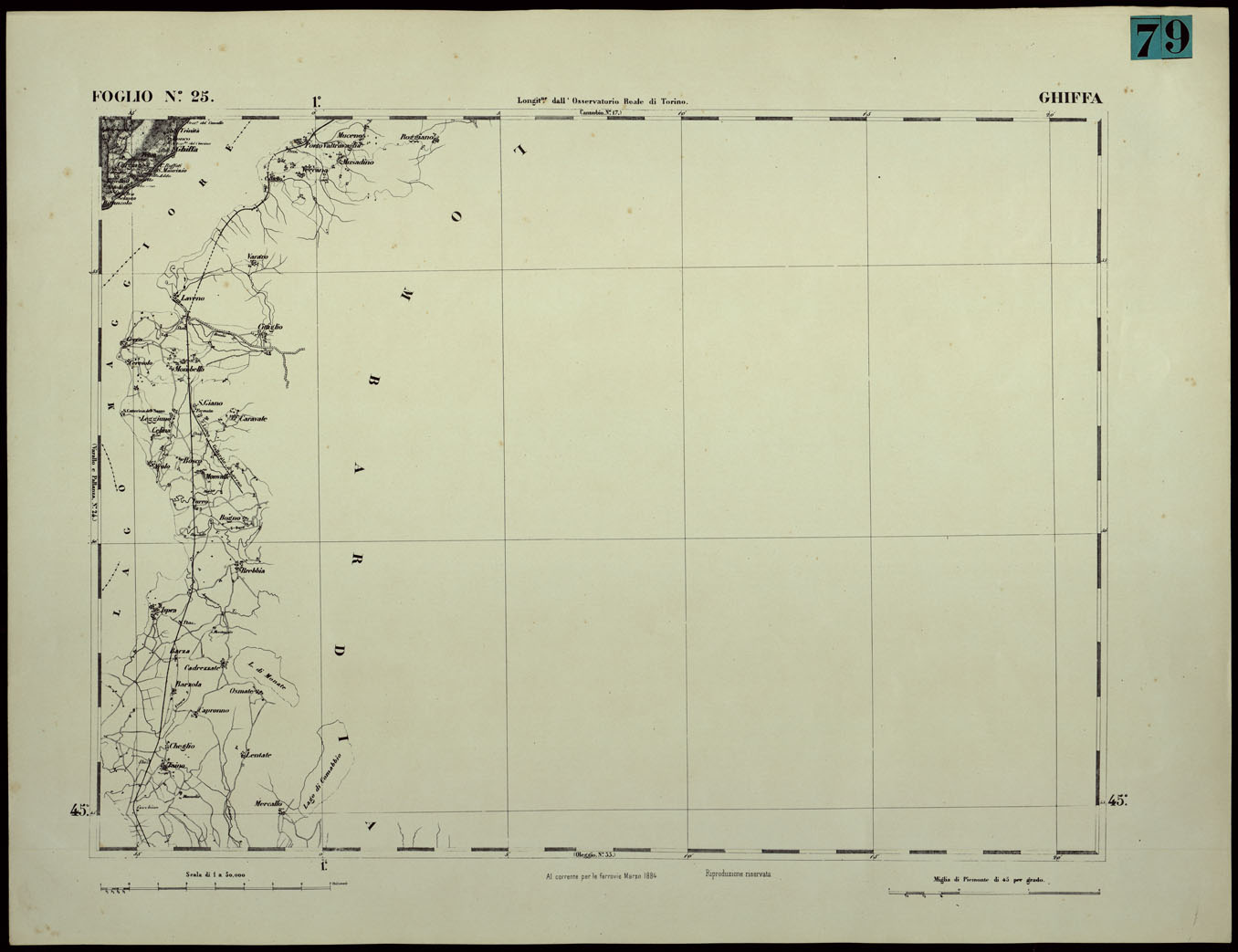 (N:24356) CARTA TOPOGRAFICA DEGLI STATI IN TERRAFERMA DI S.M. IL RE DI SARDEGNA ALLA SCALA DI 1.A 50.000. OPERA DEL CORPO REALE DELLO STATO MAGGIORE - FOGLIO N.25. GHIFFA (CA003905) Carte e stampe antiche: riproduzione a colori su carta (formato A1)