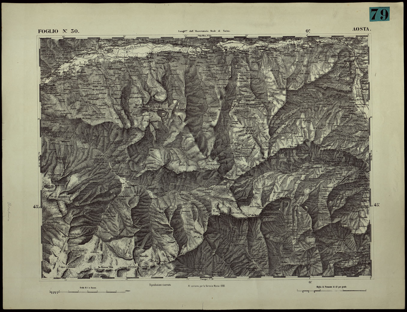 (N:24361) CARTA TOPOGRAFICA DEGLI STATI IN TERRAFERMA DI S.M. IL RE DI SARDEGNA ALLA SCALA DI 1.A 50.000. OPERA DEL CORPO REALE DELLO STATO MAGGIORE - FOGLIO N.30. AOSTA (CA003910) Carte e stampe antiche: riproduzione a colori su carta (formato A1)