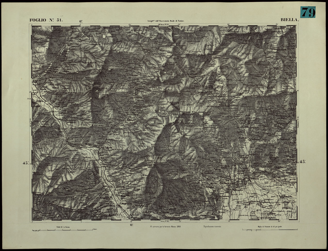 (N:24362) CARTA TOPOGRAFICA DEGLI STATI IN TERRAFERMA DI S.M. IL RE DI SARDEGNA ALLA SCALA DI 1.A 50.000. OPERA DEL CORPO REALE DELLO STATO MAGGIORE - FOGLIO N.31.  BIELLA (CA003911) Carte e stampe antiche: riproduzione a colori su carta (formato A1)