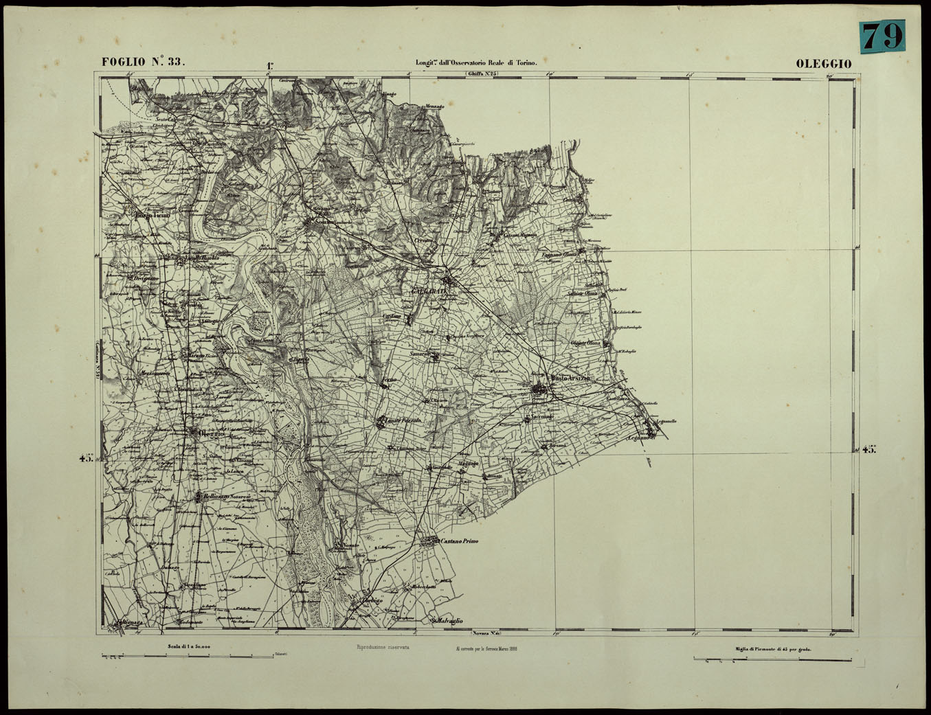 (N:24364) CARTA TOPOGRAFICA DEGLI STATI IN TERRAFERMA DI S.M. IL RE DI SARDEGNA ALLA SCALA DI 1.A 50.000. OPERA DEL CORPO REALE DELLO STATO MAGGIORE - FOGLIO N.33.  OLEGGIO (CA003913) Carte e stampe antiche: riproduzione a colori su carta (formato A1)